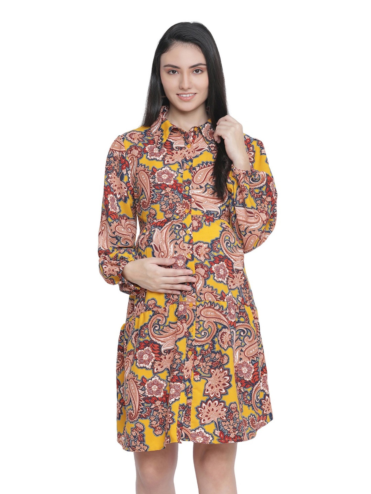 Oxolloxo Yellow Floral Print Maternity Dress
