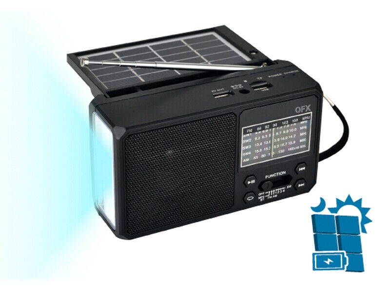 QFX R-37 3-In-1 Rechargeable AM/FM/SW1-SW4 6-Band Solar Radio +Flashlight+USB/SD