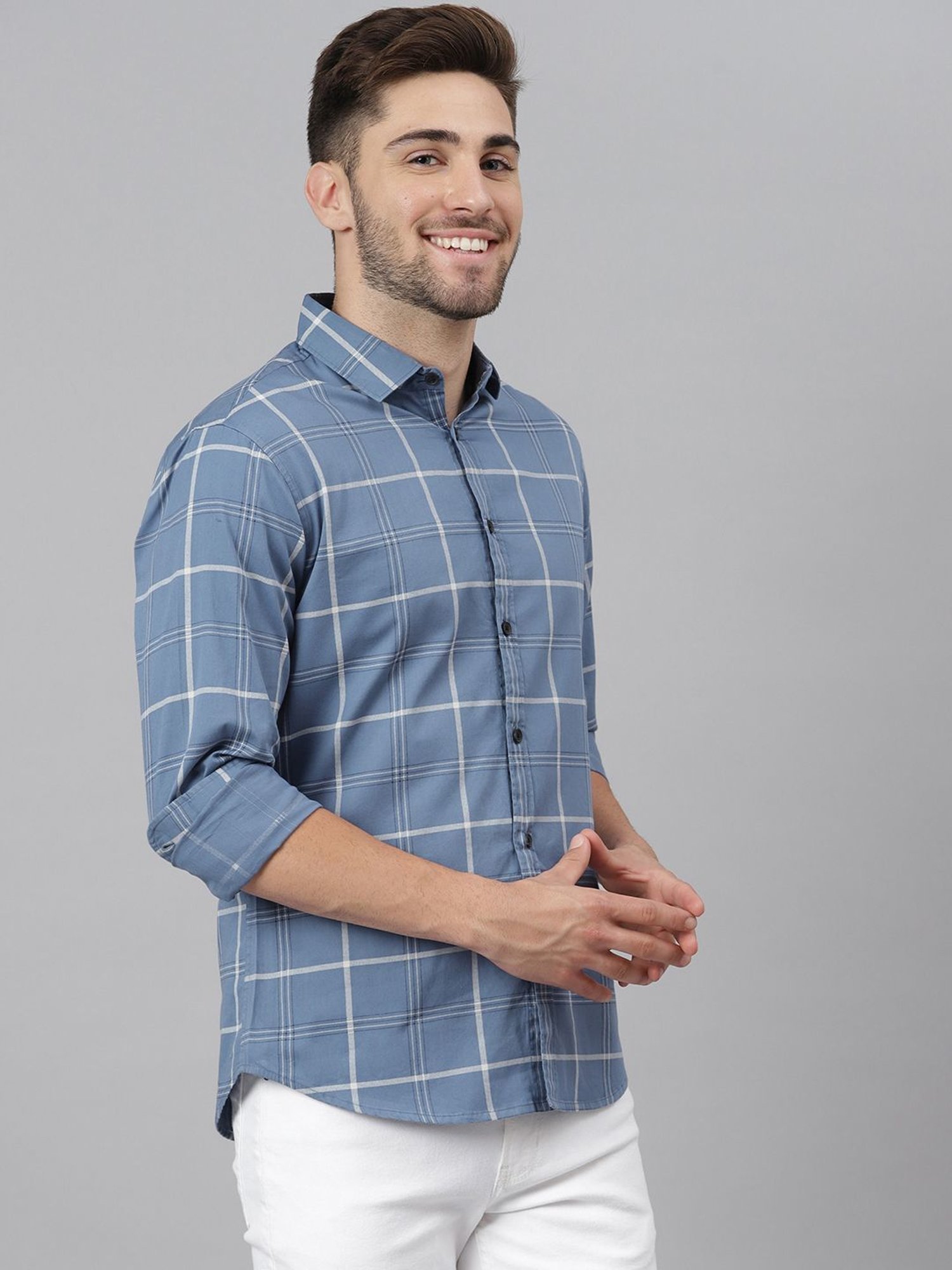 Dennis Lingo D-Blue Cotton Slim Fit Checks Shirt