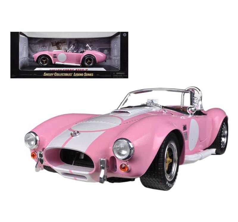 1965 Shelby Cobra 427 S/C Pink with White Stripes & Printed Signature on the Trunk 1/18 Diecast Model Car by Shelby Collectibles