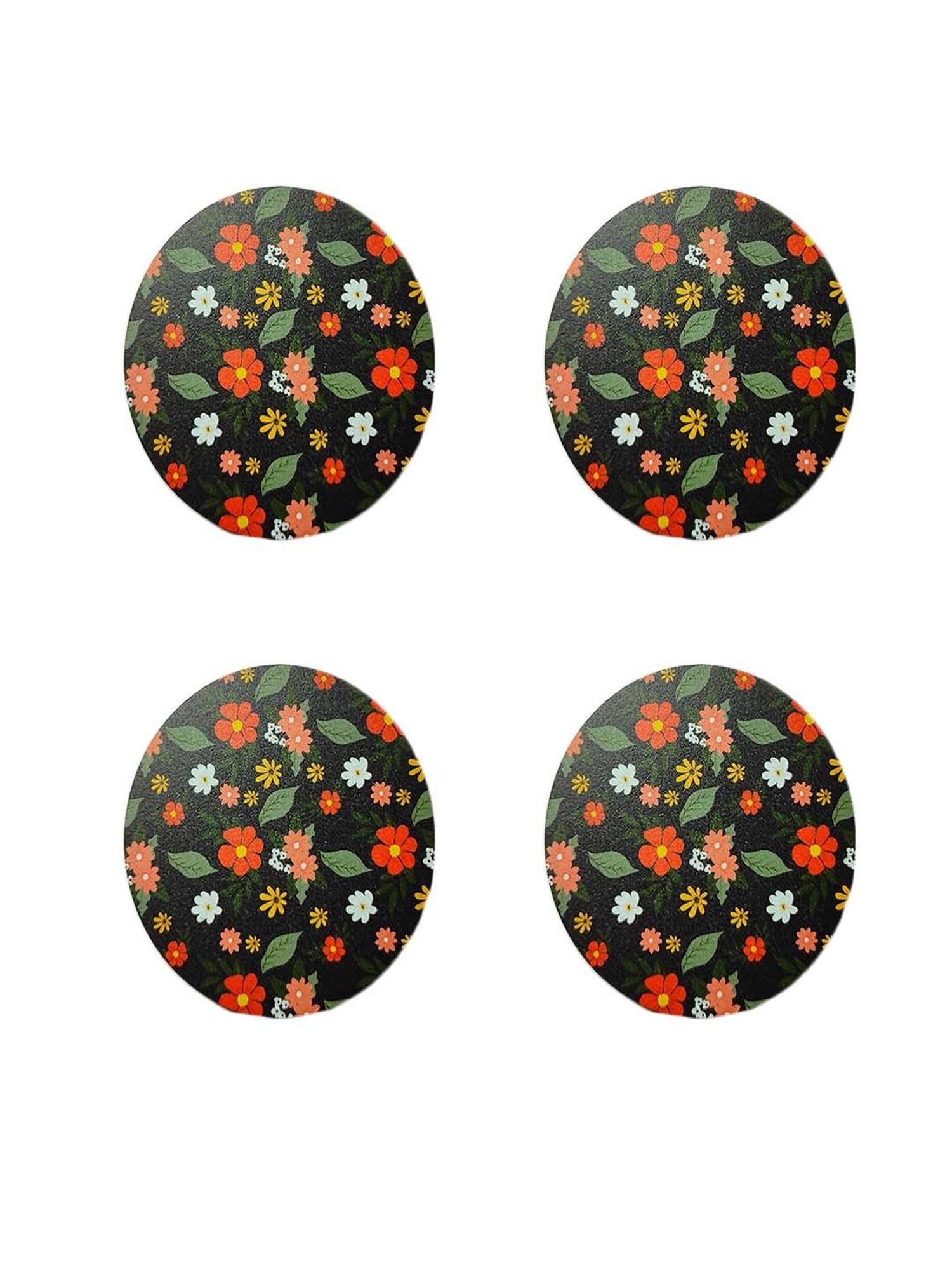 Crayton Black Wooden Floral Printed Round Coasters - Set of 4