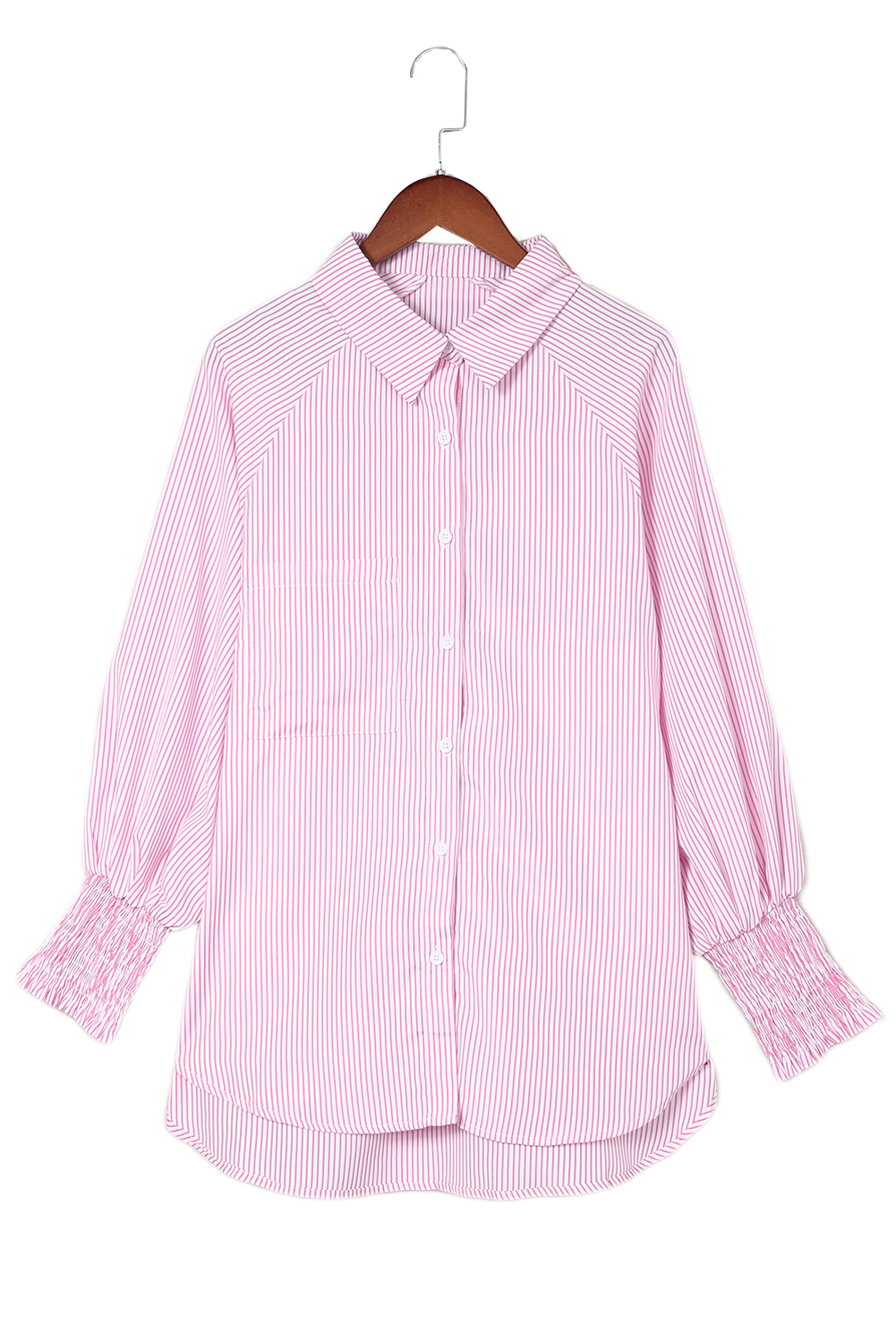 Pink Striped Casual Shirred Cuffs Shirt