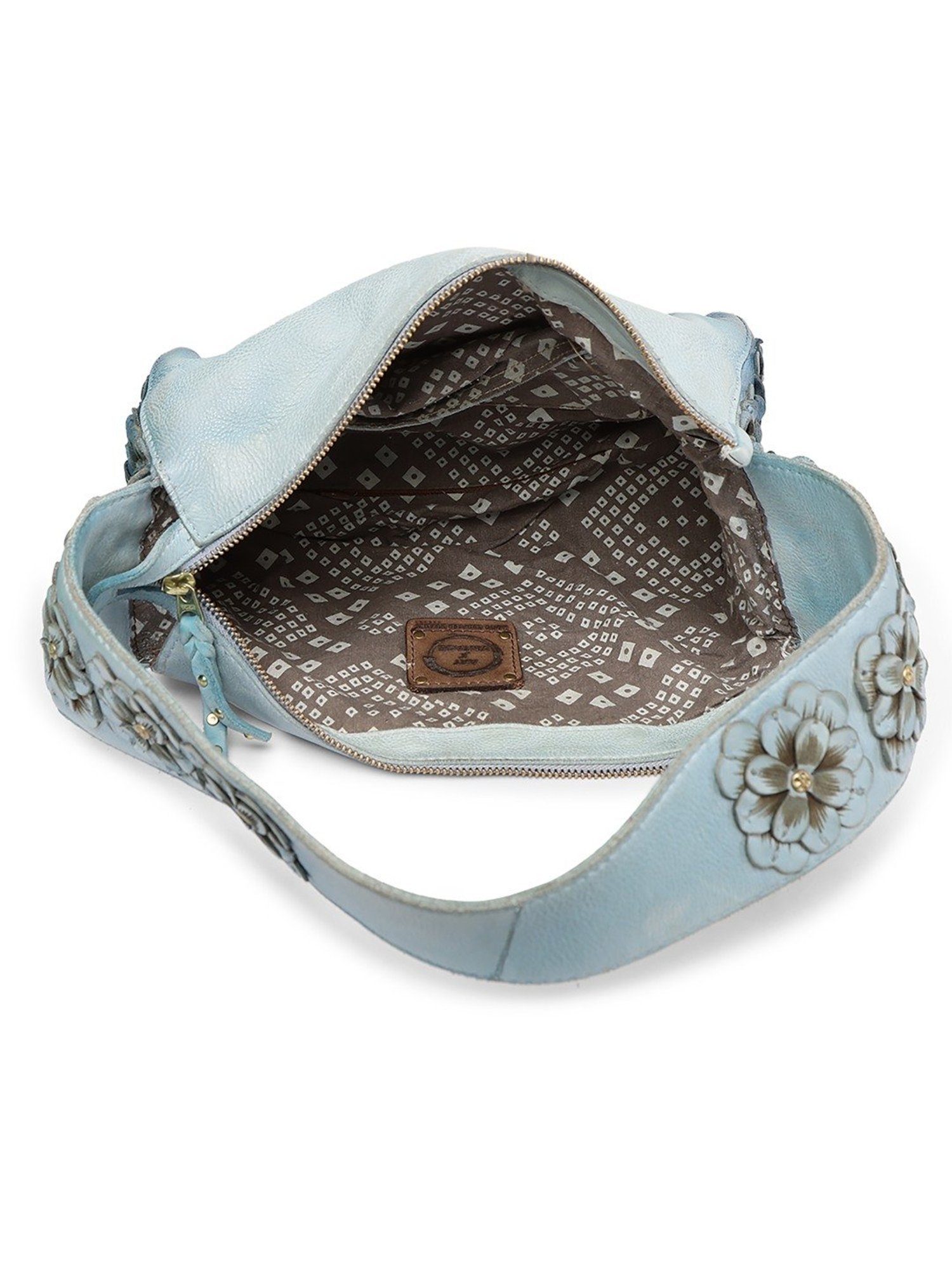 Art N Vintage Azure Aster Blue Leather Floral Medium Hobo Handbag