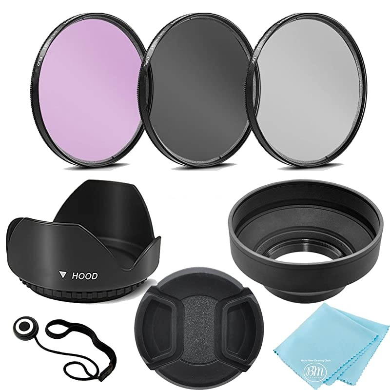 3 Piece Filter Kit UVCPLFLD + Tulip Lens Hood + Soft Rubber Hood + Lens Cap + for Select Canon Nikon Sony Olympus Panasonic Fuji Sigma SLR Lenses Cameras and Camcorders