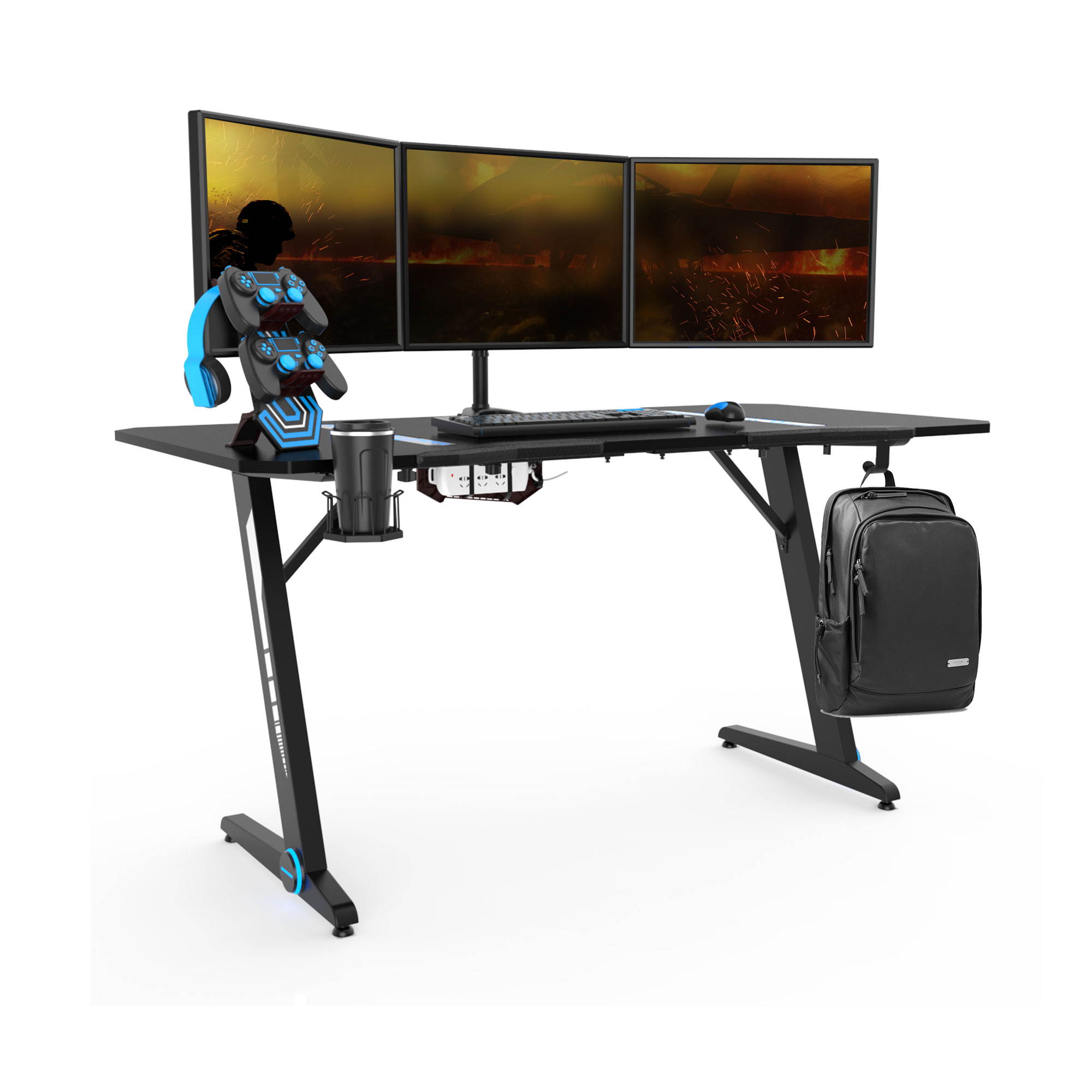 43.3'' Gaming Desk Z-Shaped Professional E-Sport Gamer Workstation Ergonomic PC Gaming Table Home Office Desk with LED Lights & Large Carbon Fiber Surface