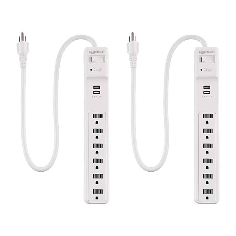 Basics 6Outlet Surge Protector Power Strip with 2 USB Ports 500 Joule White 2Pack