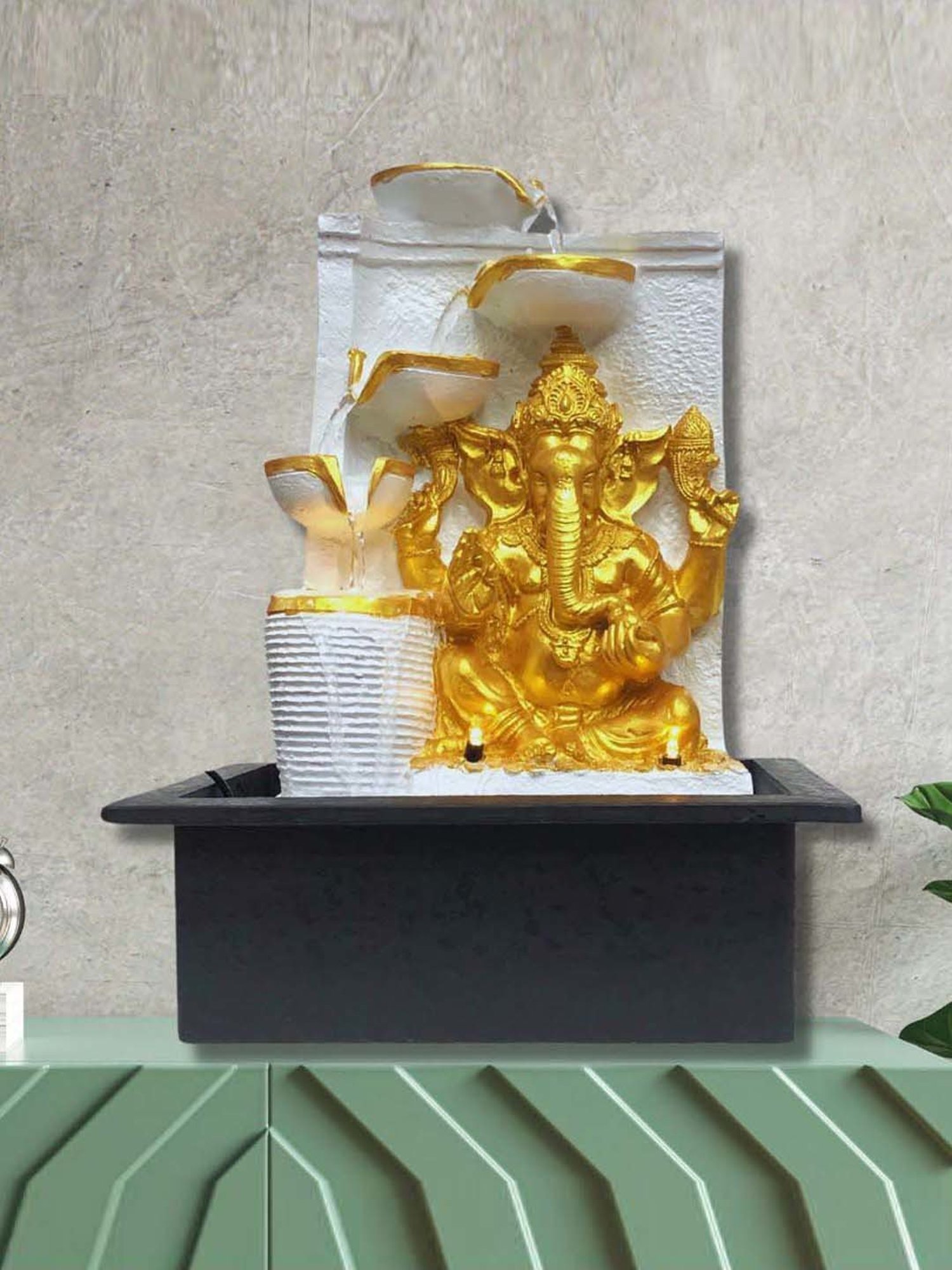CHRONIKLE White & Gold Polyresin Ganesha Idol 4 Steps Waterfall Fountain