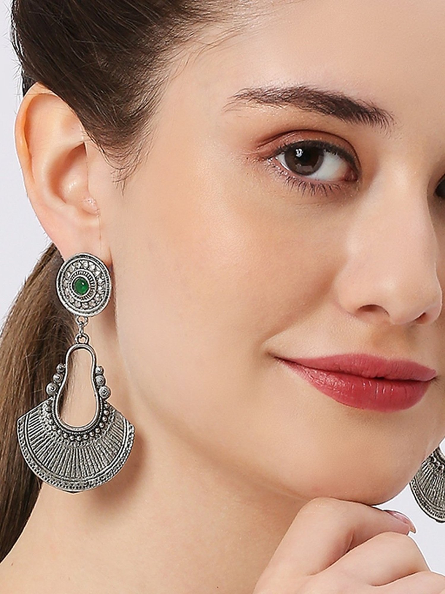 Oomph Jewellery Oxidized Silver Ethnic Silver Look Alike Tribal Design Dangler Earrings
