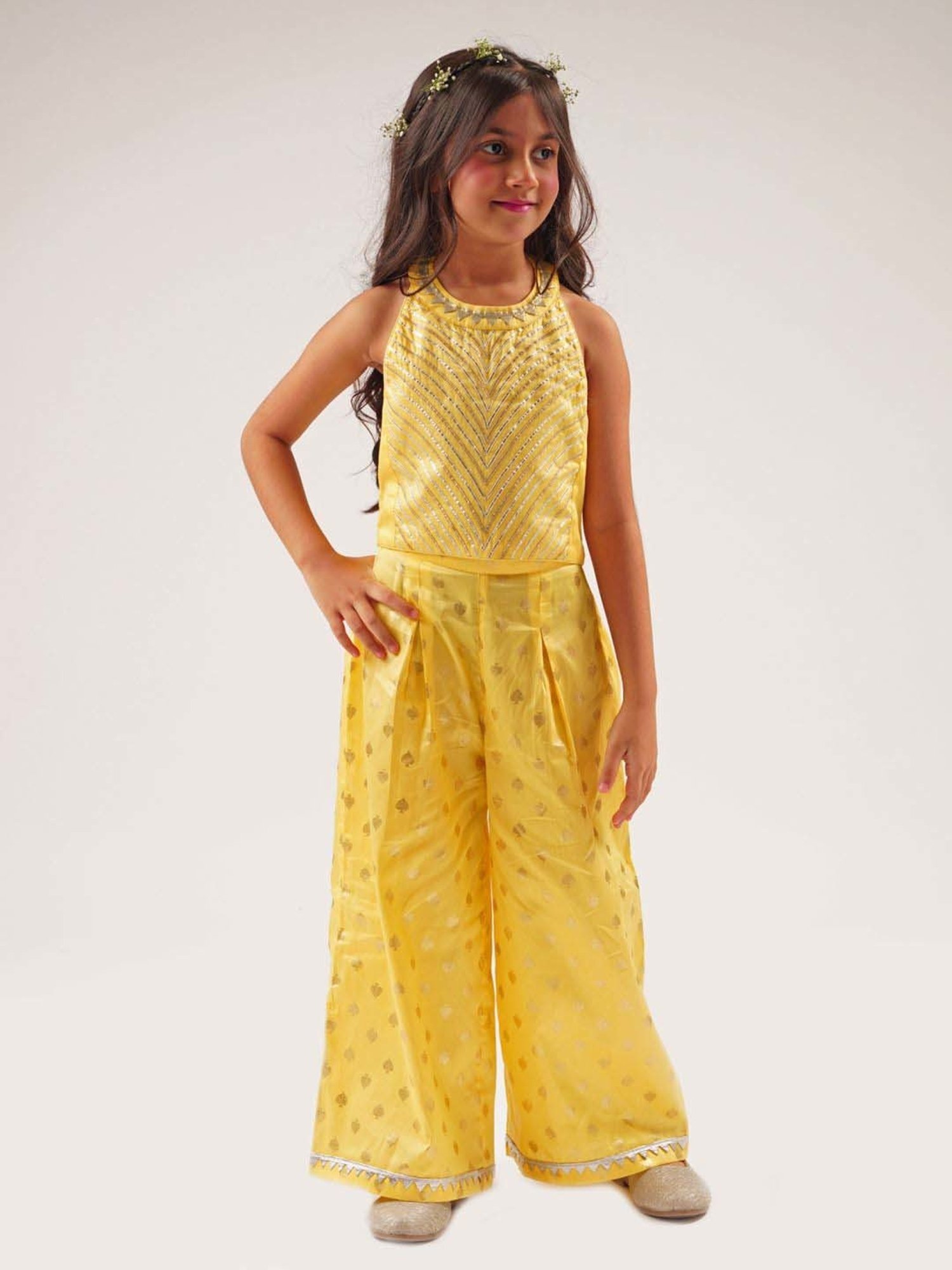 Lil Drama Kids Yellow Cotton Embroidered Top Set