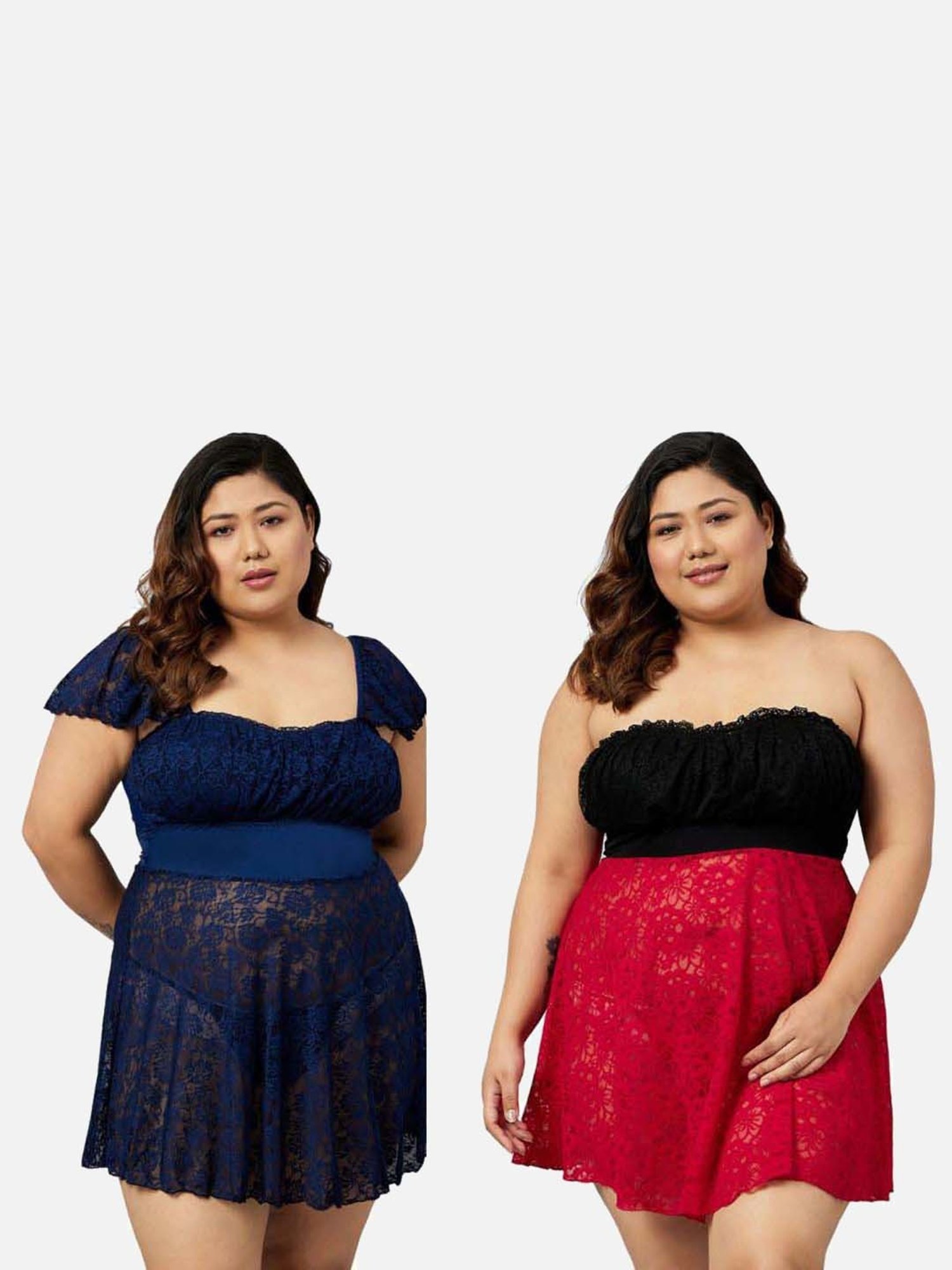 Secrets By ZeroKaata Red & Navy Lace Work Babydoll with Panty - Pack Of 2