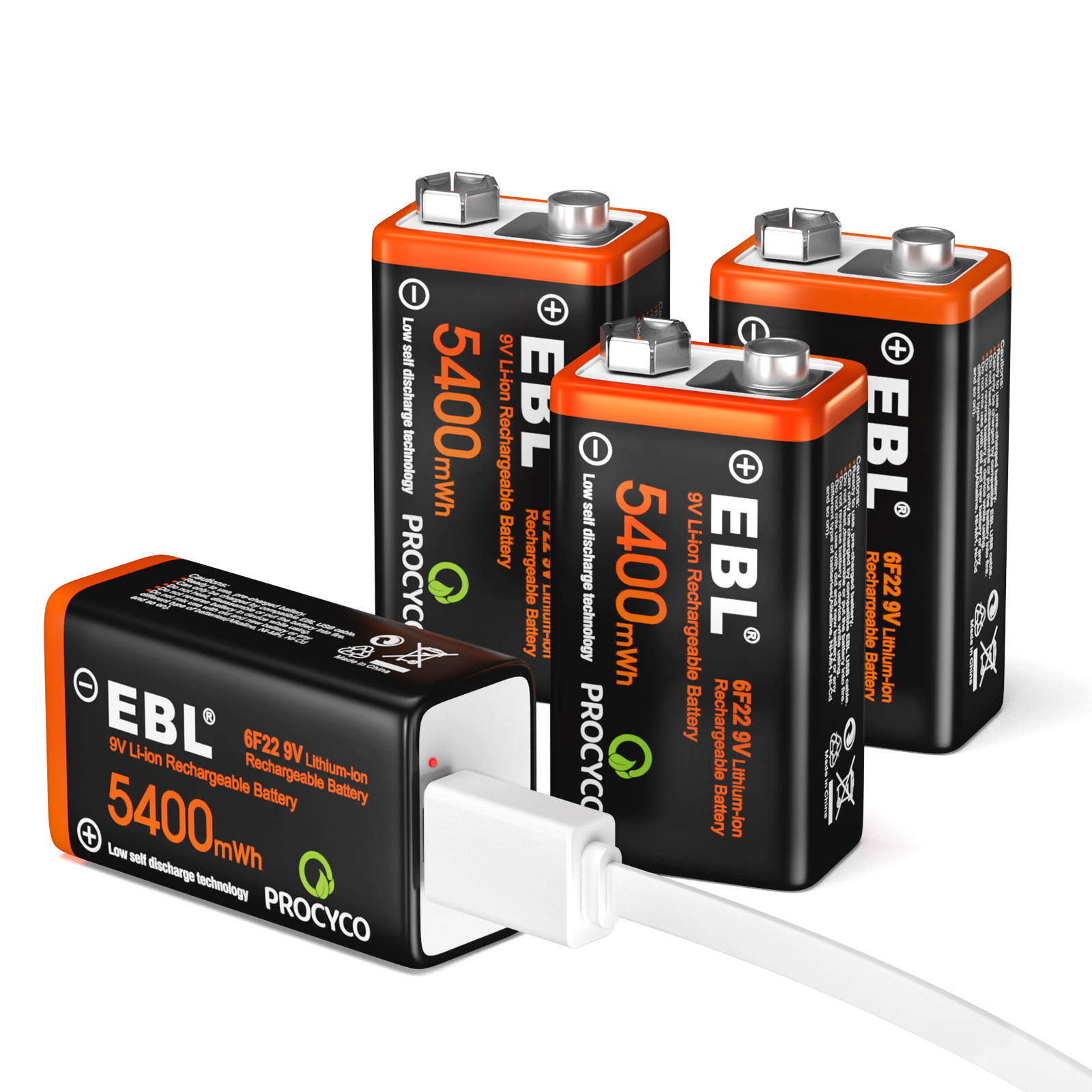 8 Pack EBL USB  5400mWh 9V Rechargeable Lithium Battery,Durable LI-ion Batteries with Micro Charging Cable, Quick Charge in 2 Hours