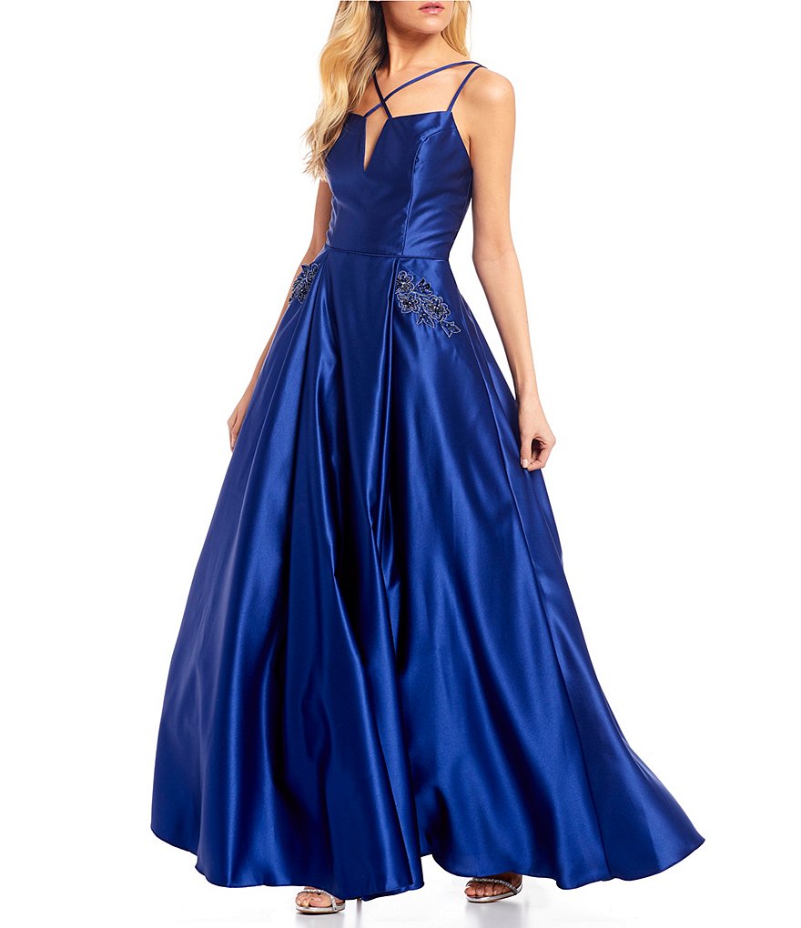 Blondie Nites Spaghetti Strap X-Front Embellished Pocket Satin Ball Gown