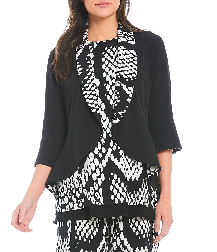 Eva Varro Reversible Snakeskin Print Bell Sleeve Solid Shawl Collar Open-Front Ruffle Peplum Jacket