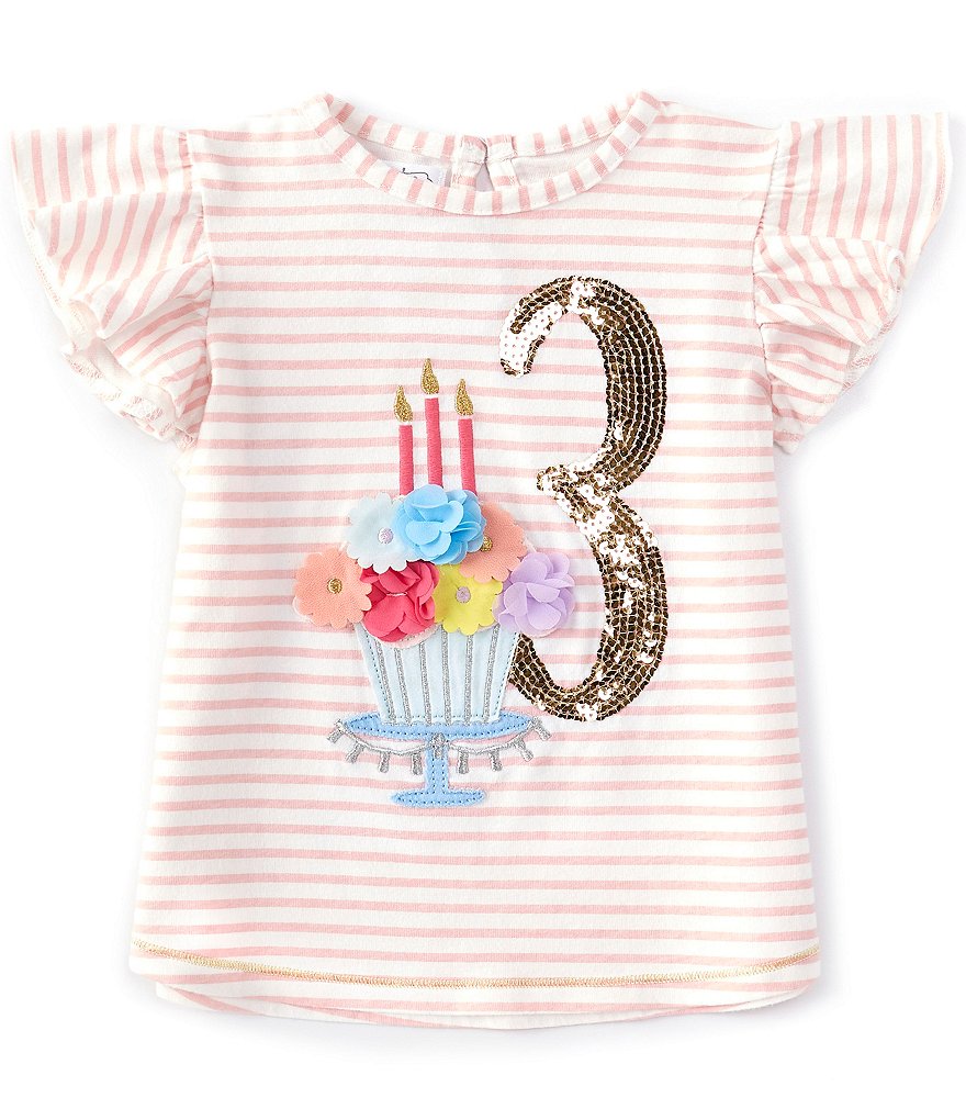 Mud Pie Little Girls 3T Flutter-Sleeve Third Birthday Striped Tee