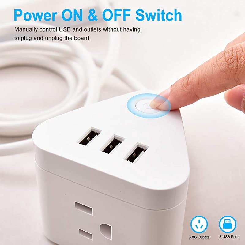 Power Strip with 3 USB Ports, 3 Outlet Portable Plug Strip with 5.5 Feet Extension Cord, Cruise Travel, Desktop Multi-Plug Outlet, Child Protectors Compact Socket, White