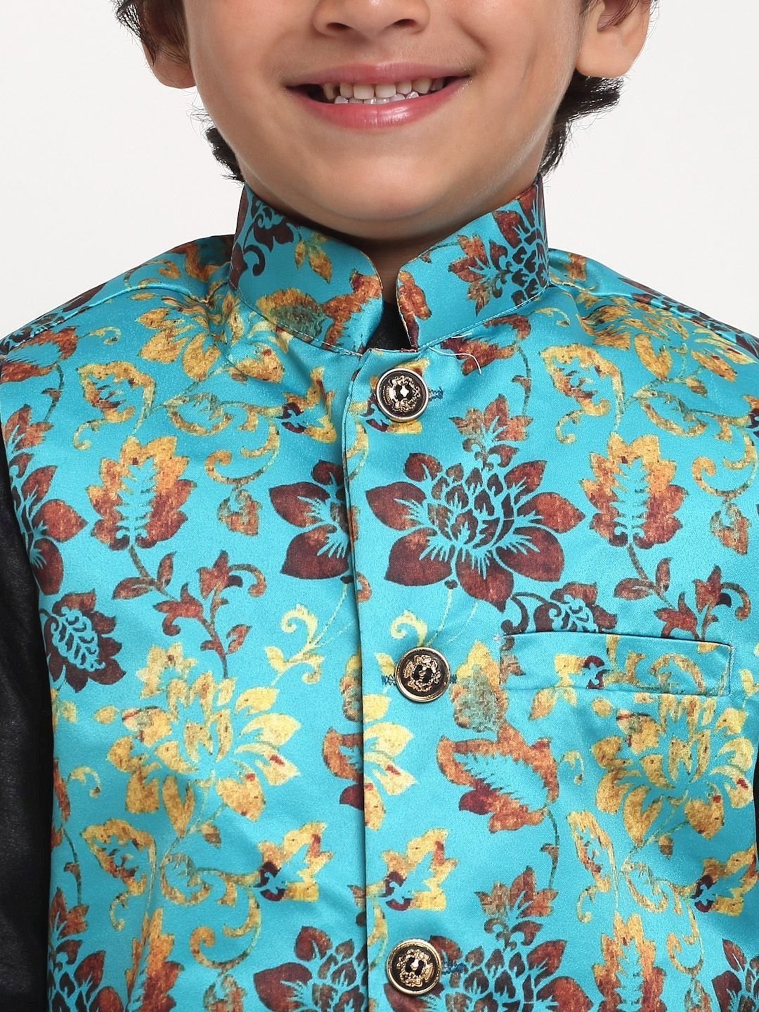 Benstoke Kids Green & Gold Floral Print Nehru Jacket