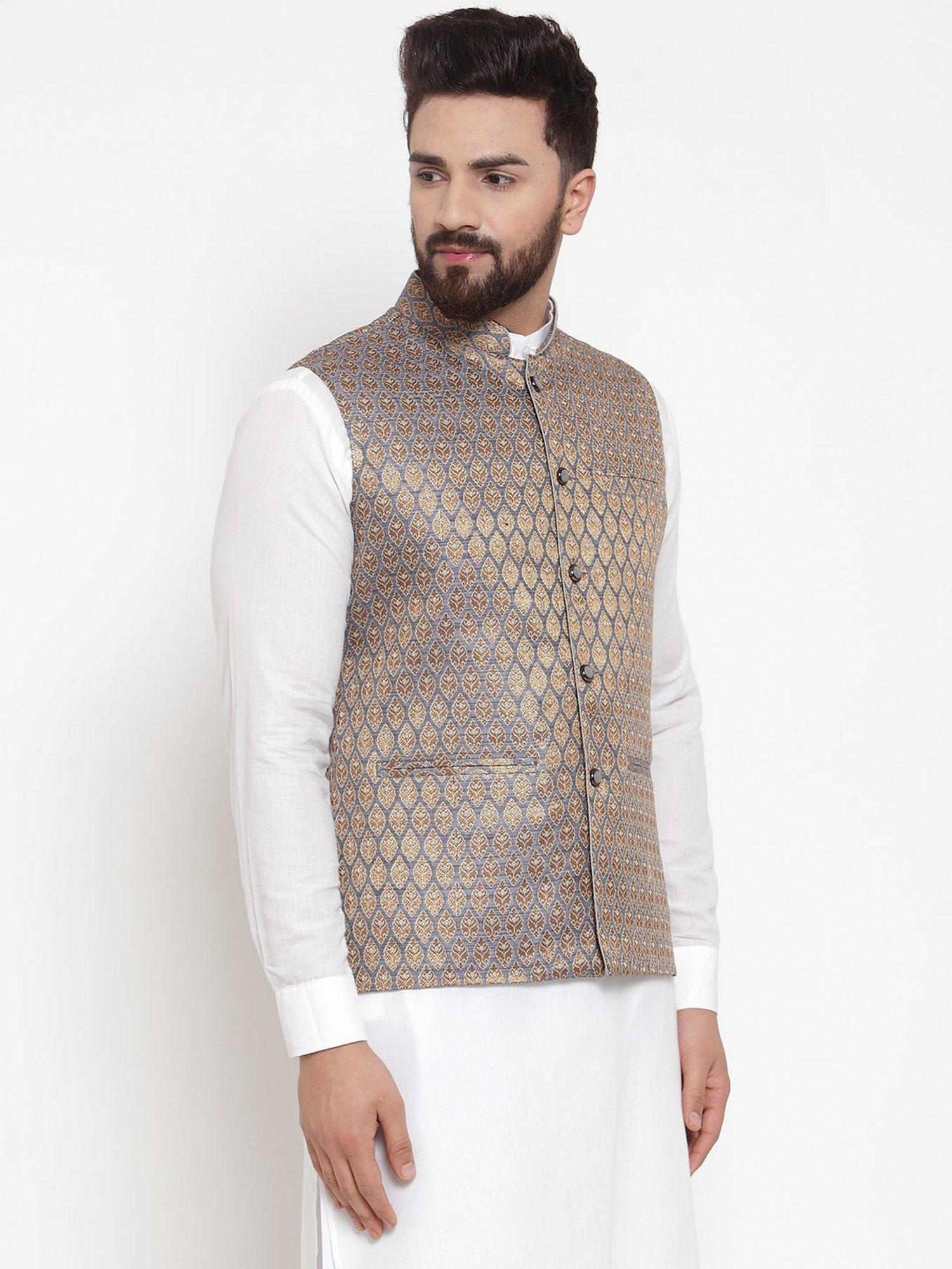 Treemoda Blue Golden Regular Fit Self Pattern Nehru Jacket