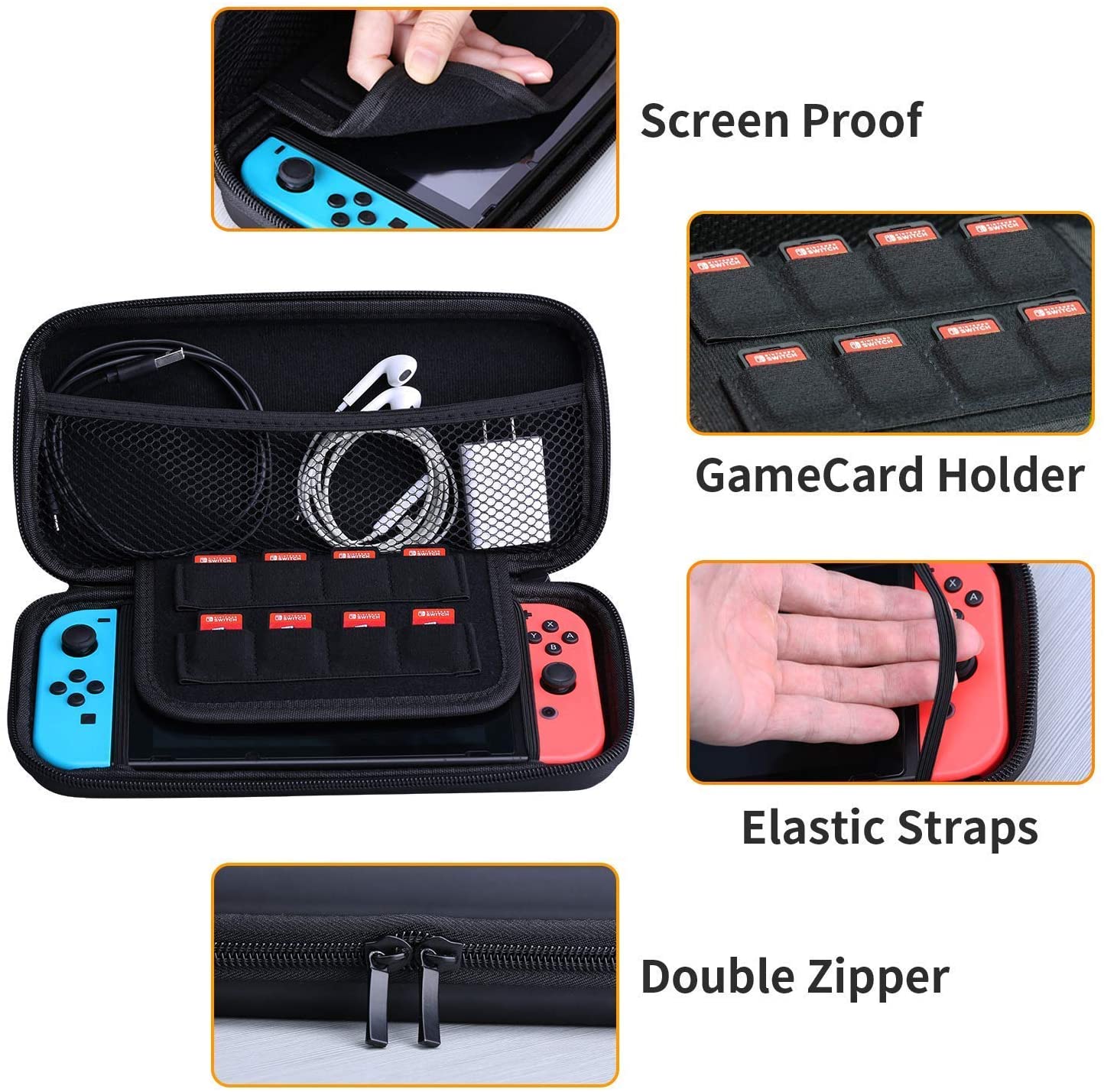 AISITIN Nintendo Switch Case - Nintendo Switch Carry Case Pouch + Switch Cover Case + HD Switch Screen Protector + Thumb Grips Caps for Nintendo Switch Console Accessories