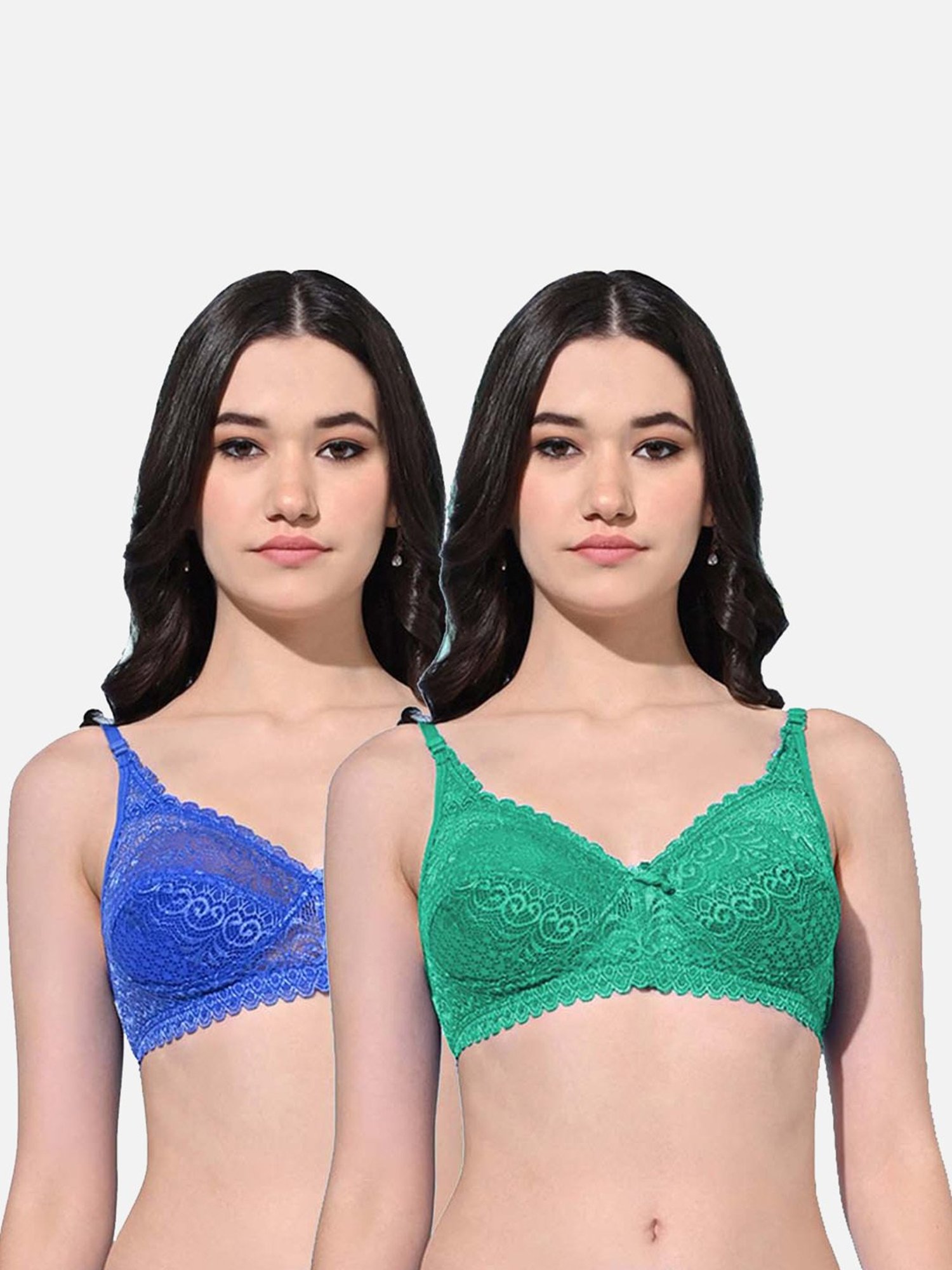 FIMS: Fashion is my Style Blue & Green Lace Work Bralette Bras - Pack Of 2