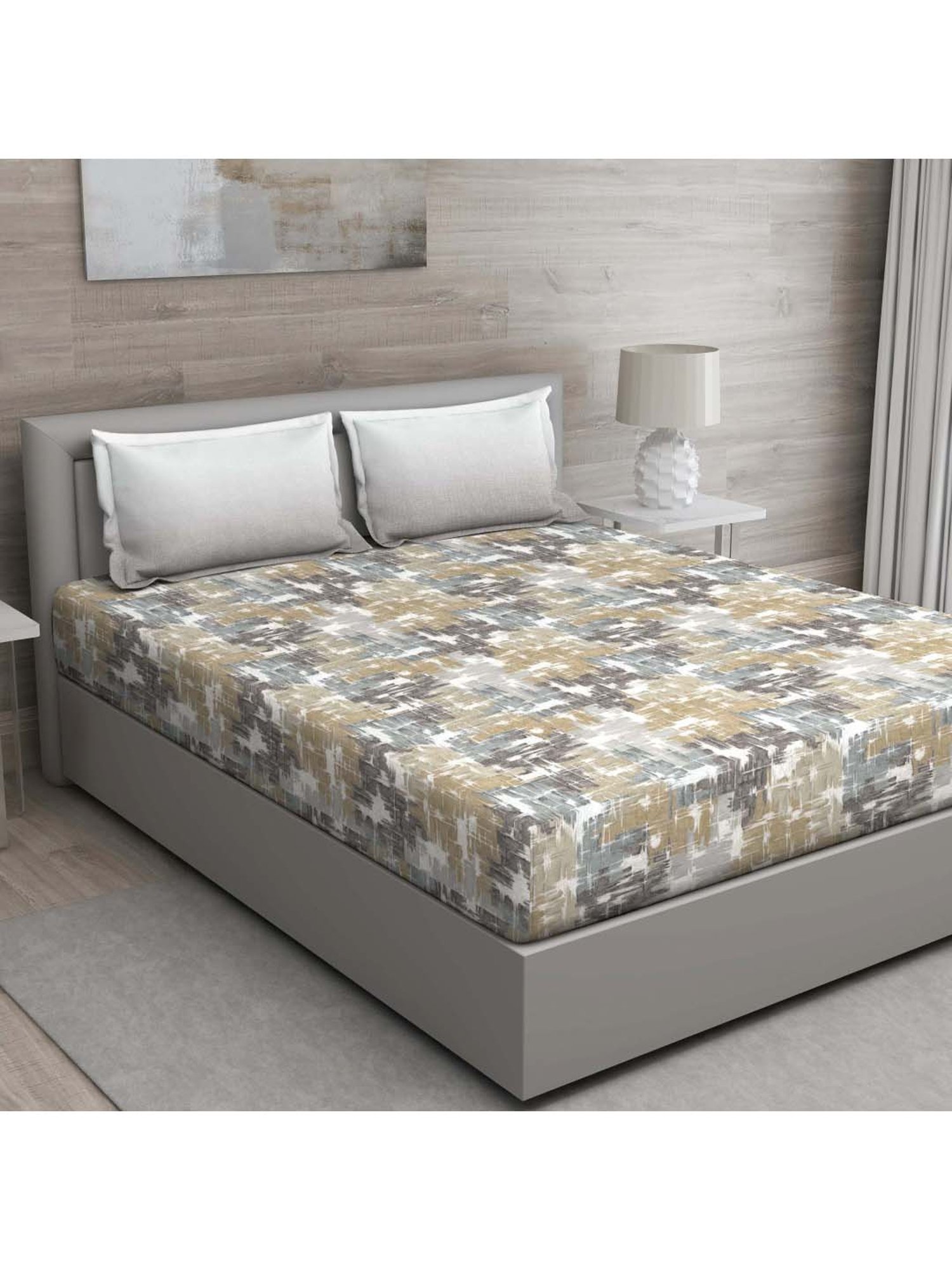 GM Brown & Grey 100% Cotton 144 TC King Bedsheet Set