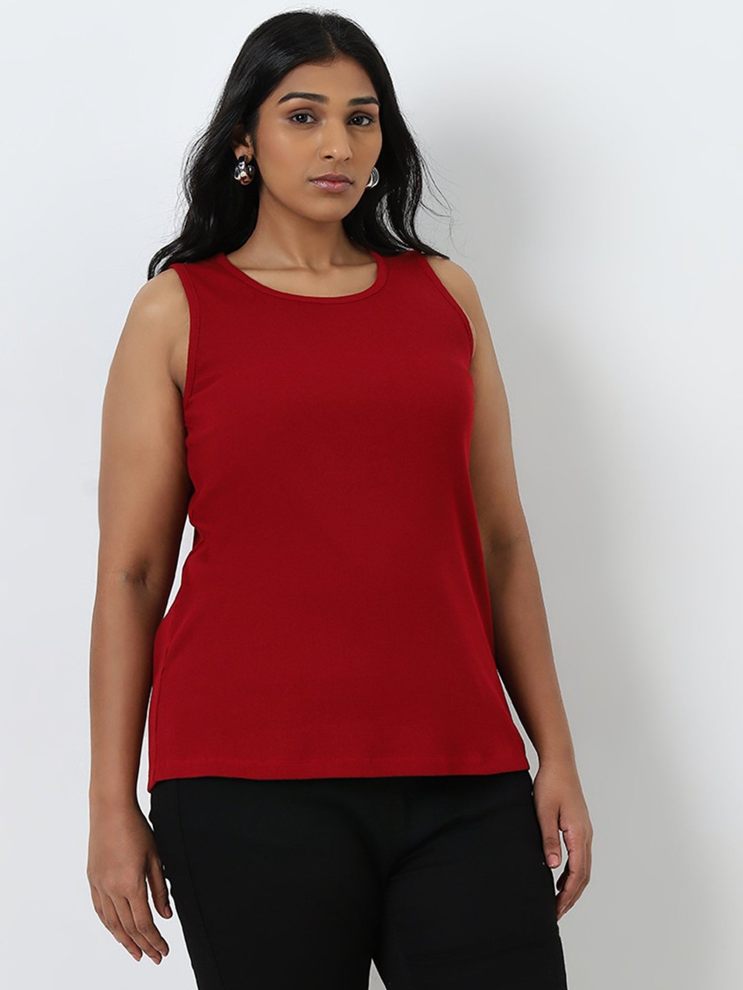 Gia by Westside Red Ribbed Cotton Blend Top