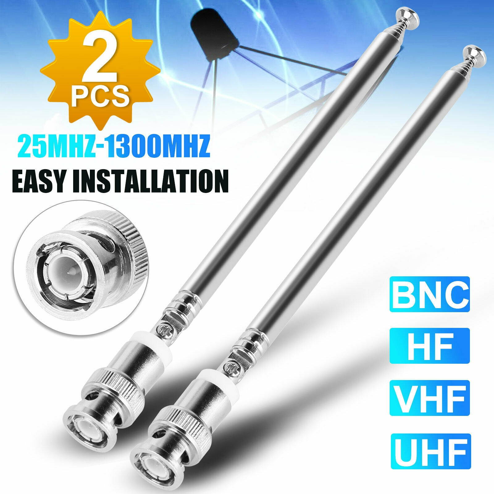 2x Telescopic Antenna Replacement BNC Connector for Radio Scanner/VHF/UHF/AM/FM