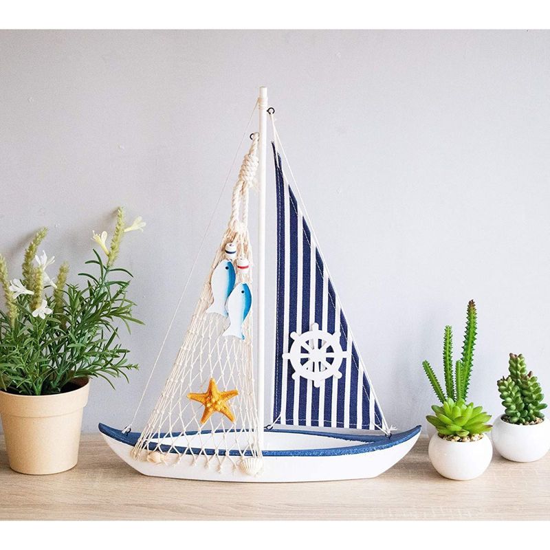 Juvale Wooden Sailing Boat Home Decor, Beach Nautical Design Sailboat with Ship's Wheel, 13 x 15 x 3 In