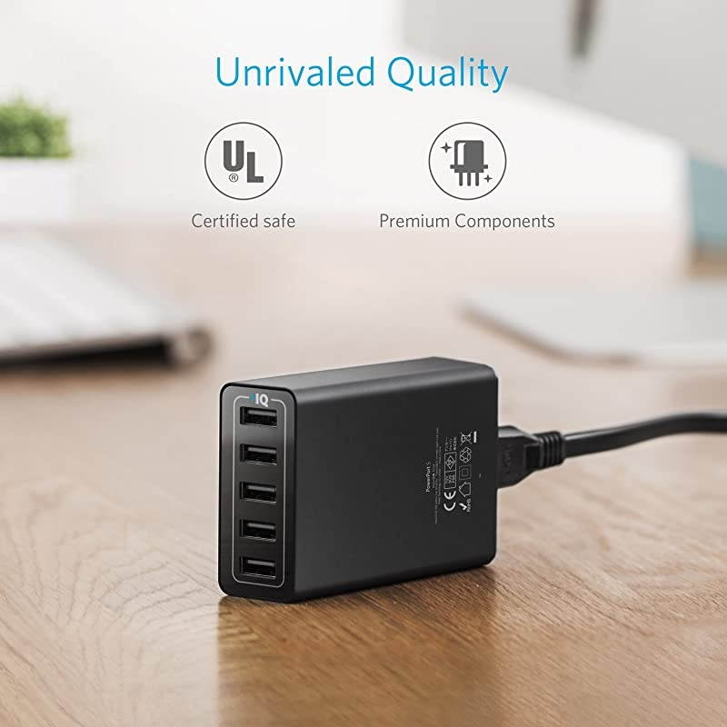 40W 5Port USB Wall Charger PowerPort 5 for iPhone XS XS Max XR X 8 7 6 Plus iPad Pro Air 2 mini Galaxy S9 S8 Edge Plus Note 8 7 LG Nexus HTC and More Black AKA2124111