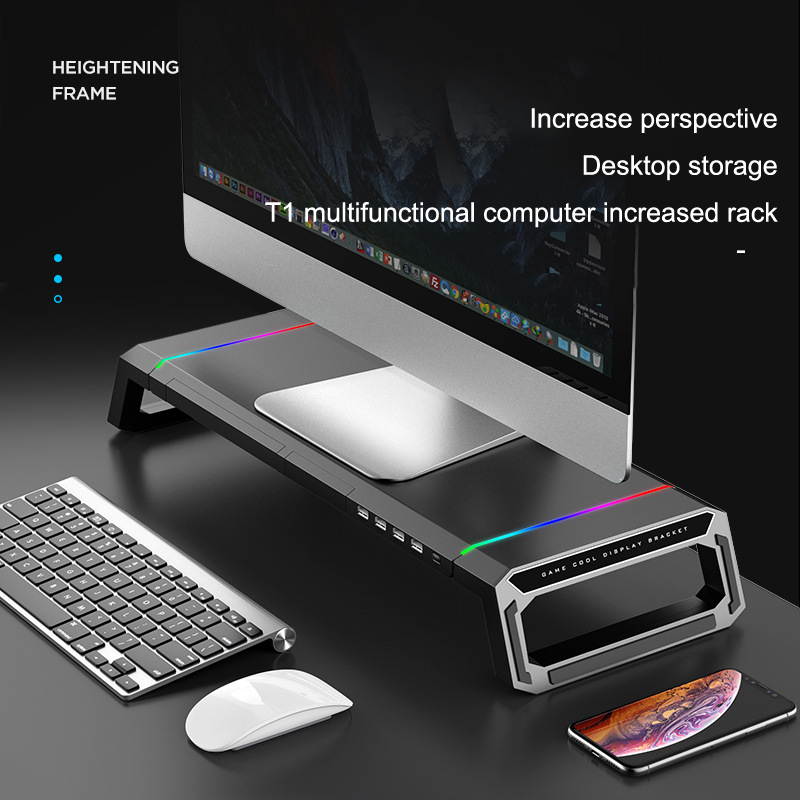 Monitor Increased Rack Multi-function Monitor Stand Monitor Foldable Base mount With RGB Lighting & 4xUSB Expansion Interface