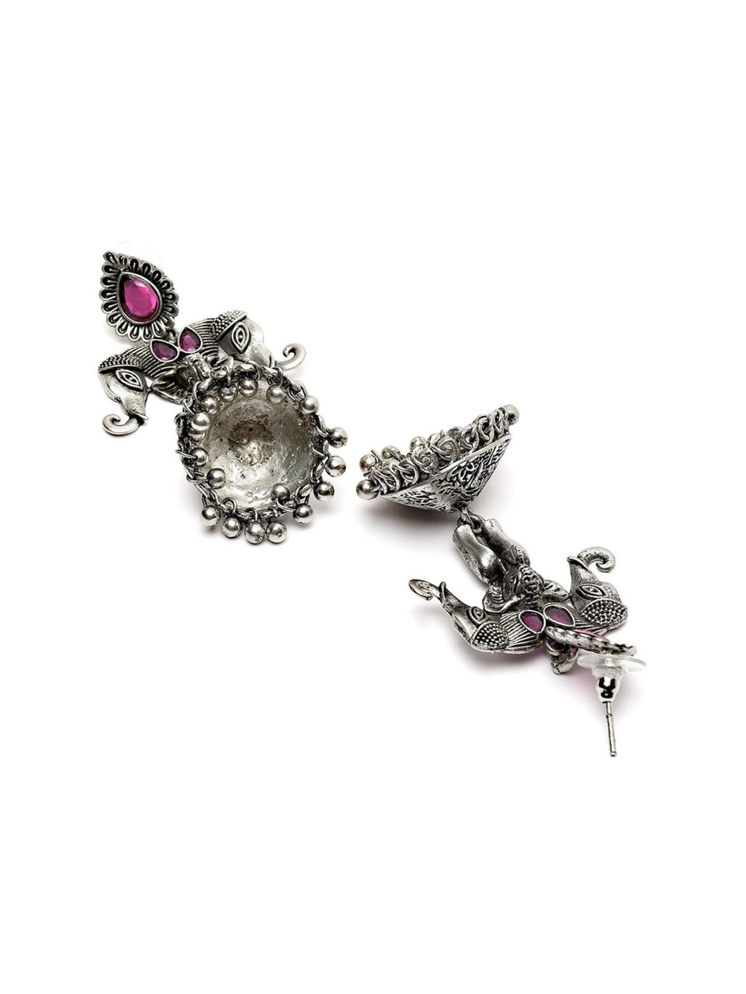 Karatcart Elephant Design Oxidised Silver Red Stone Flat Jhumki Earrings for Women