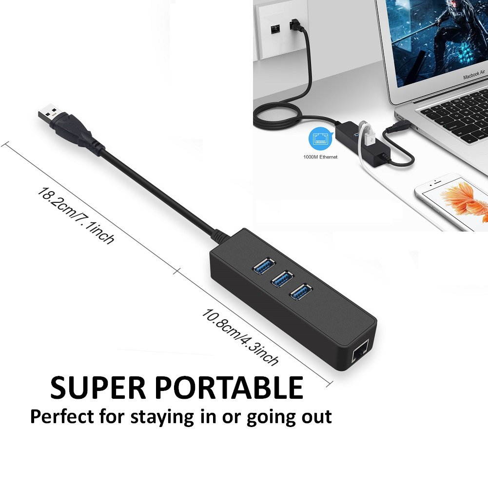 Updated 3-Port USB 3.0 Hub with RJ45 10/100/1000 Gigabit Ethernet Adapter Converter LAN Wired USB Network Adapter, USB 3.0/Type C to RJ45 1 Gigabit Port for Ultrabooks, Notebooks, Tablets and More