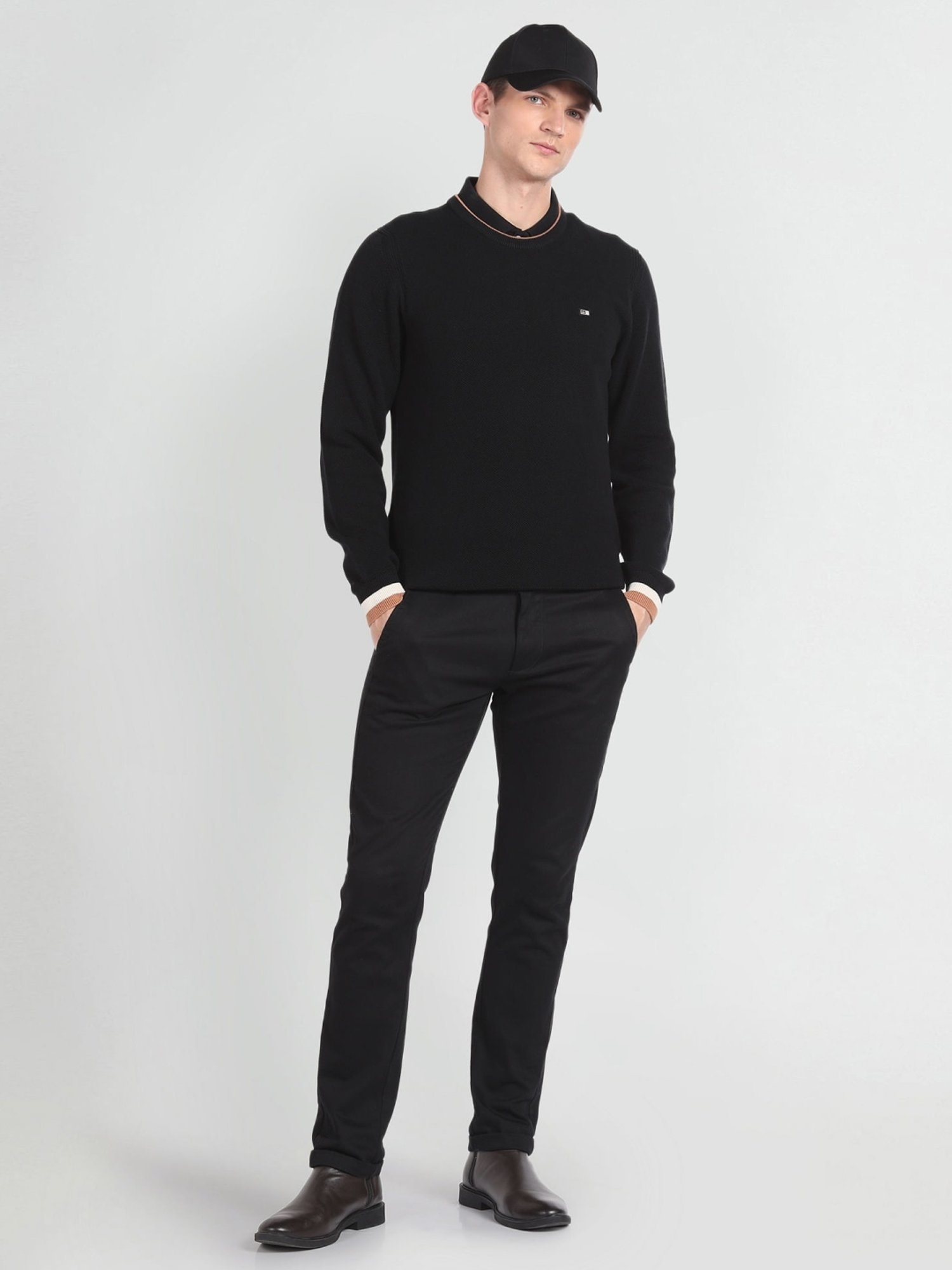 Arrow Sport Black Regular Fit Self Pattern Sweater