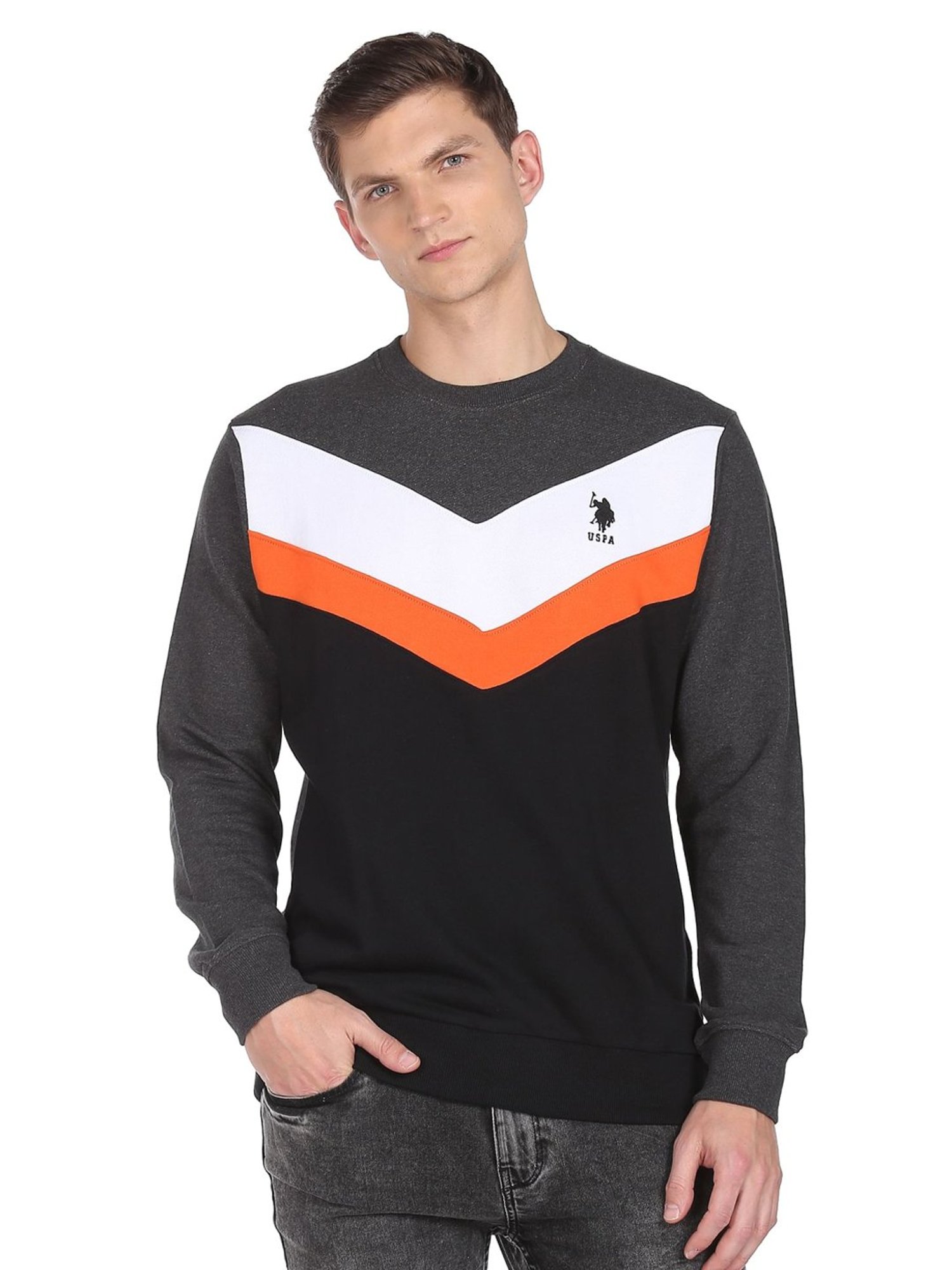 U.S. Polo Assn. Grey And Black Cotton Regular Fit Colour Block Sweatshirt