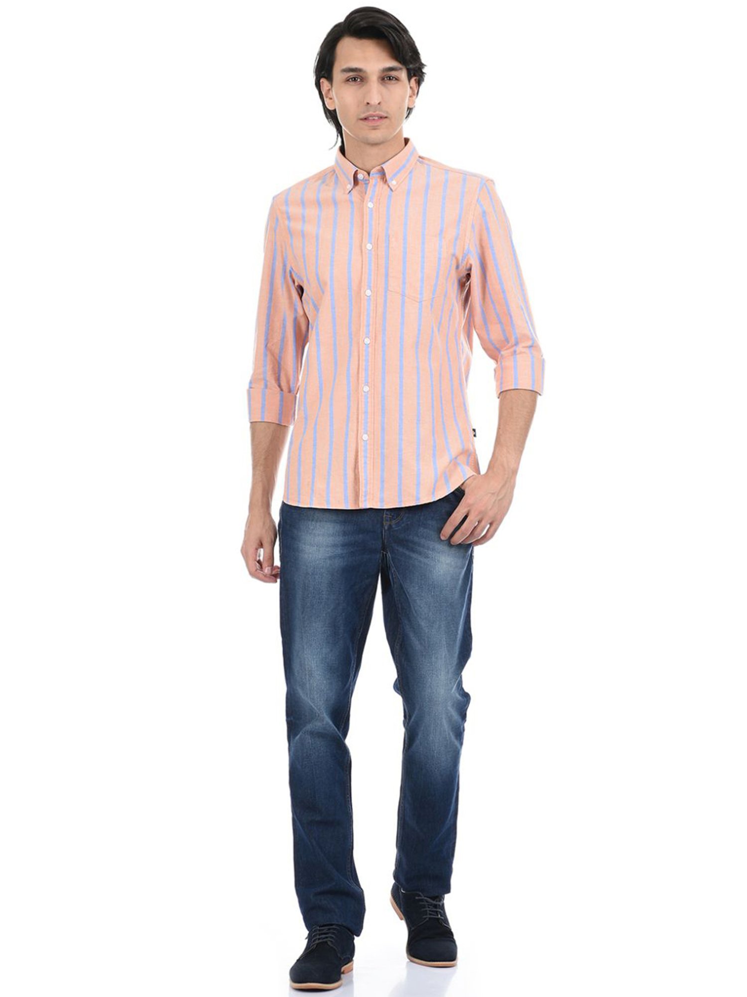 London Fog Orange Regular Fit Striped Shirt