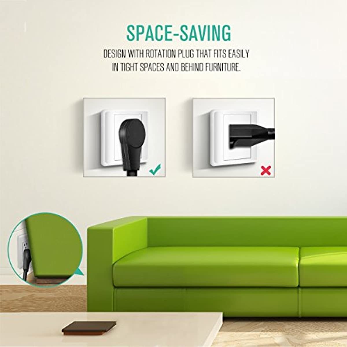 Nekteck [UL Certified] 6 Feet Power Strip Extension Cord [2 Pack] 360 Degree Rotating Angled Flat Plug with 6 Electrical Power Outlets, 14AWG 3 Prong Grounded Wire