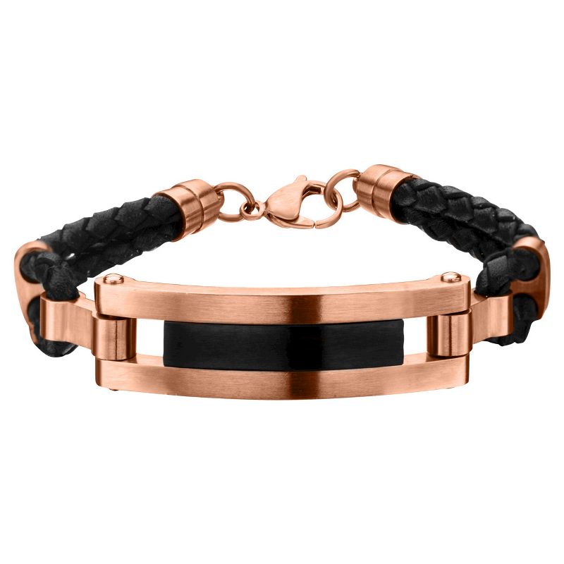 Men's Steel Art Stainless Steel Rose Gold and Black IP with Black Leather Bracelet (8.5")