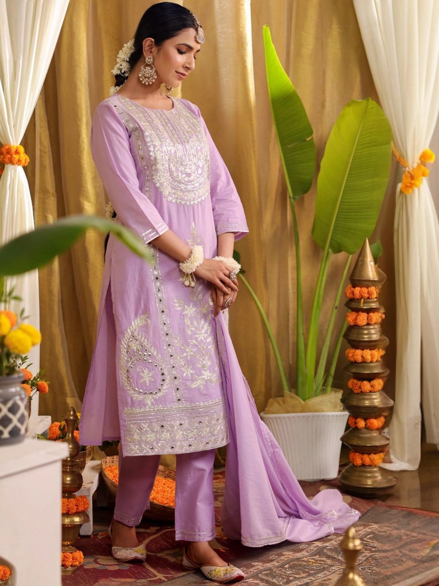 SCAKHI Lavender Cotton Gota & Mirror Work Kurta and Pant With Dupatta