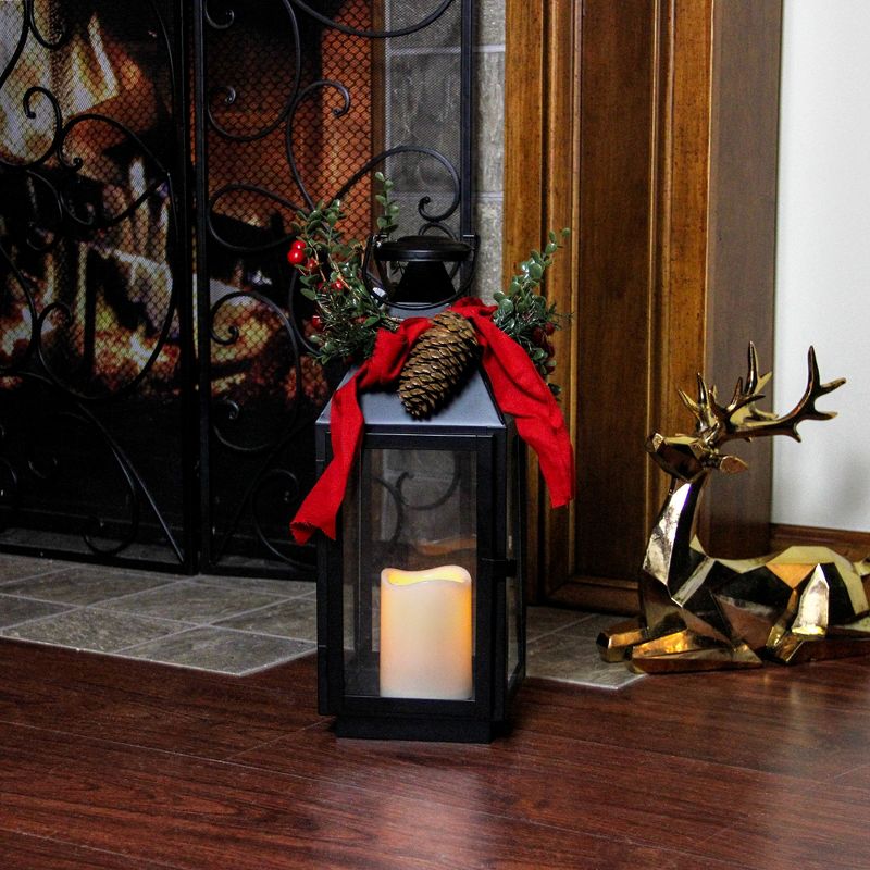 Gerson 16" Holly Lighted Lantern with Timer Christmas Decoration - Black Metal