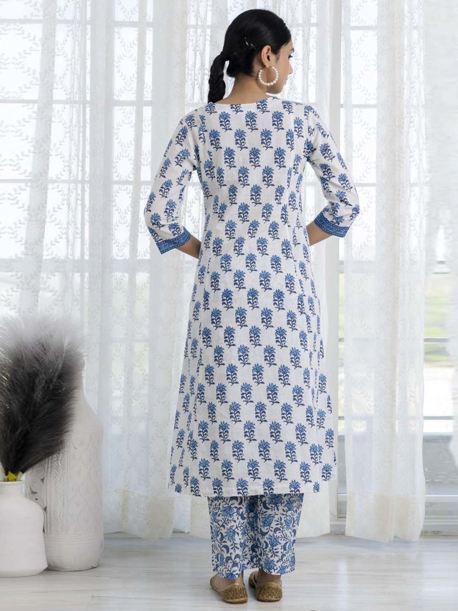 Ekohum Blue Printed A-Line Kurta with Printed Pant and Dupatta Set