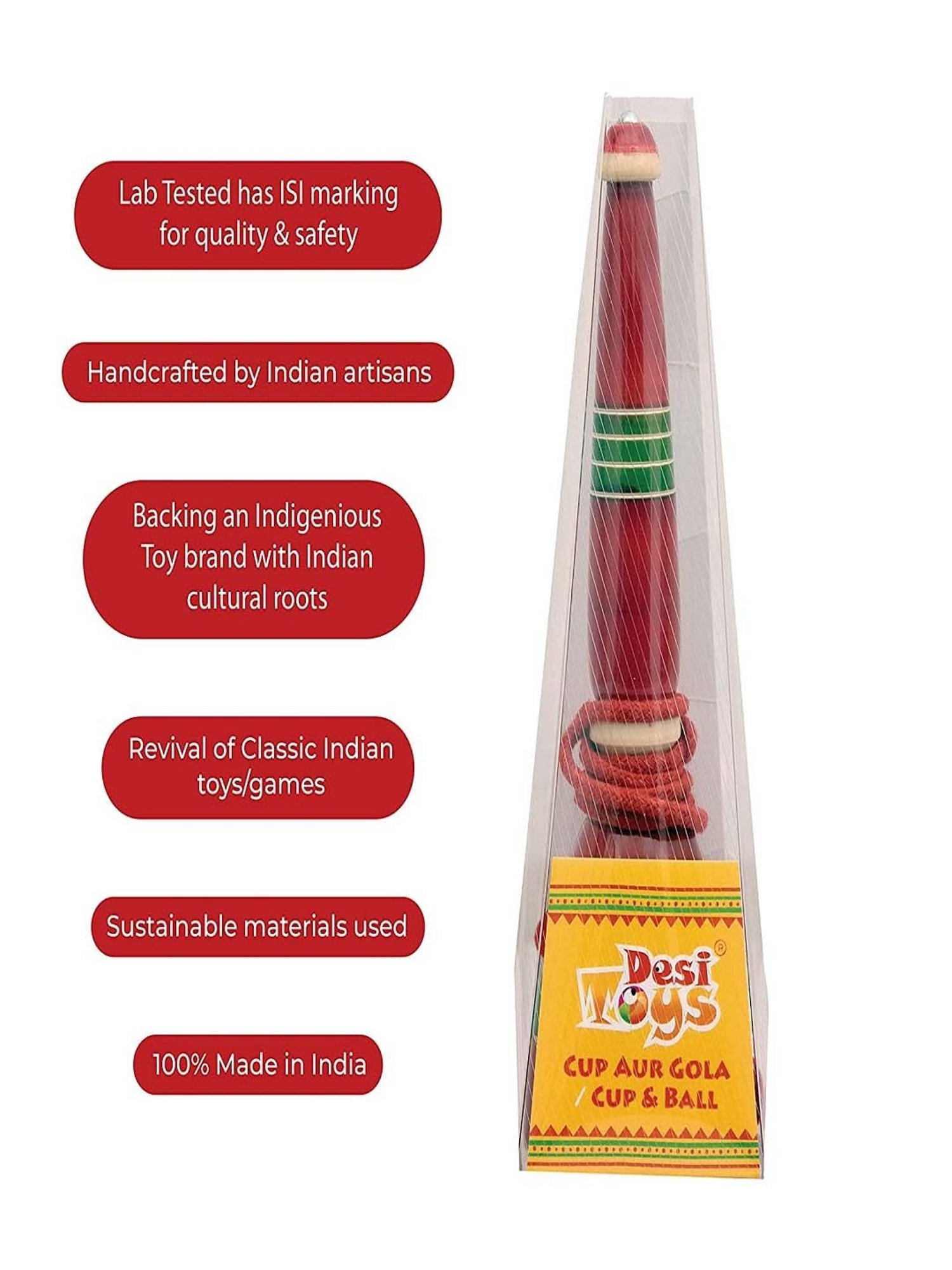 Desi Toys Kids Red & Green Wooden Cup & Ball Toy