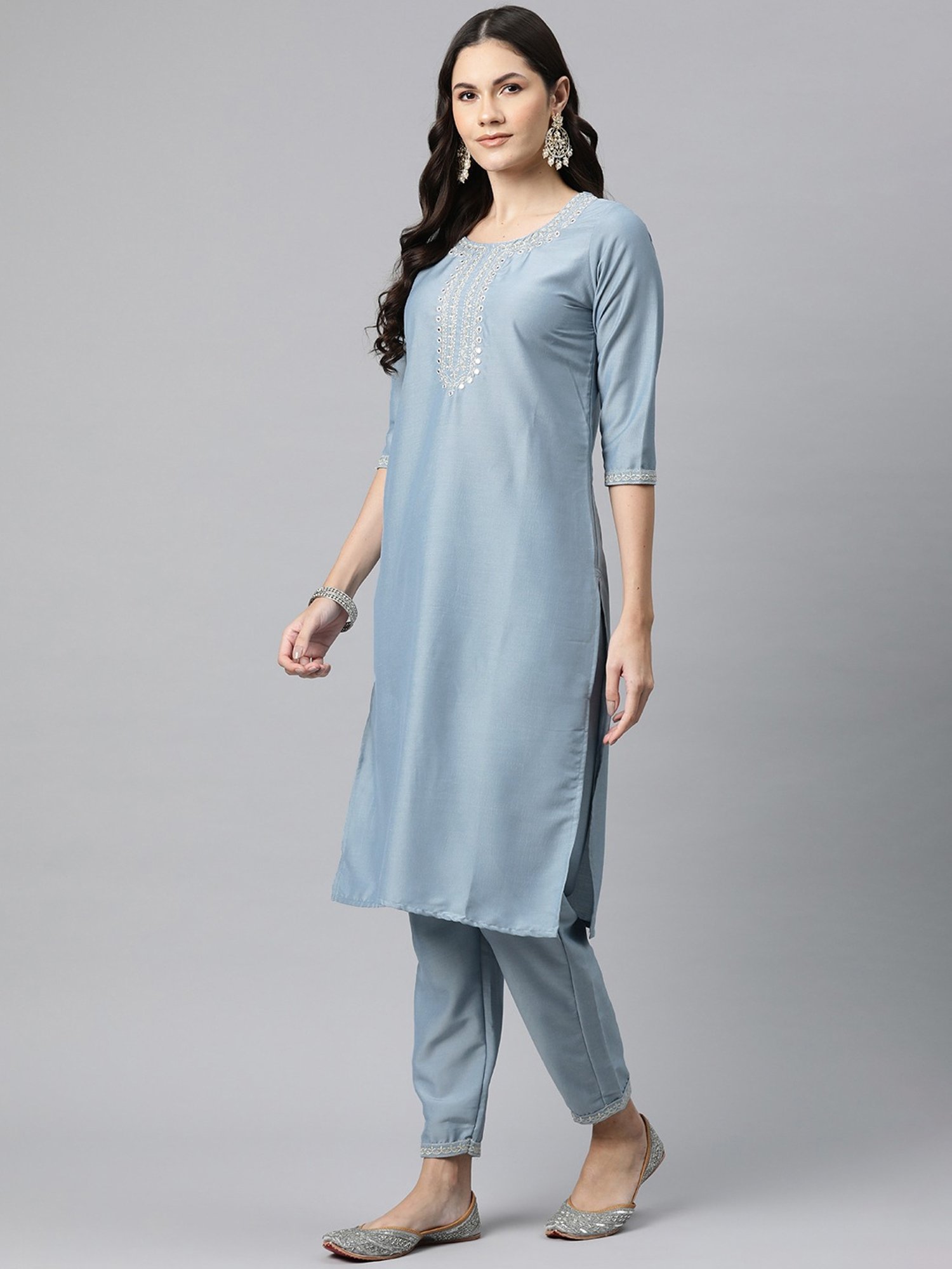 READIPRINT FASHIONS Blue Embroidered Kurta Pant Set With Dupatta