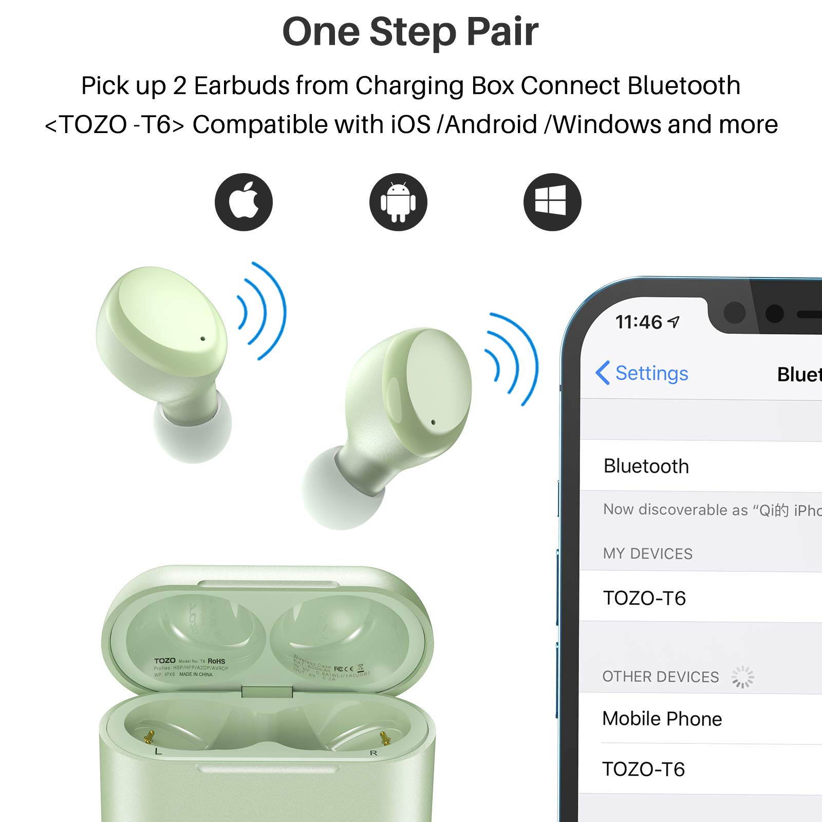 TOZO T6 True Wireless Earbuds Bluetooth Headphones Touch Control with Wireless Charging Case IPX8 Waterproof  Stereo Earphones in-Ear Built-in Mic Headset Premium Deep Bass for Sport