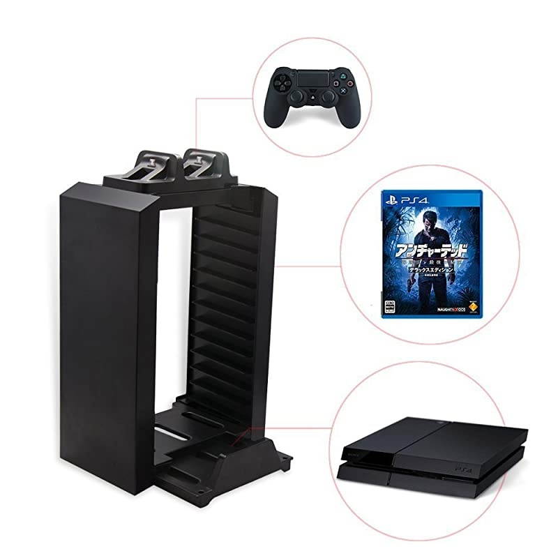 PS4 Storage Tower Holder Stand Dual Charger Dock for Sony Dualshock 4 ControllerGamepad Joystick Playstation 4 Console Controllers Charging Station Stores 12 Games Playstation 4