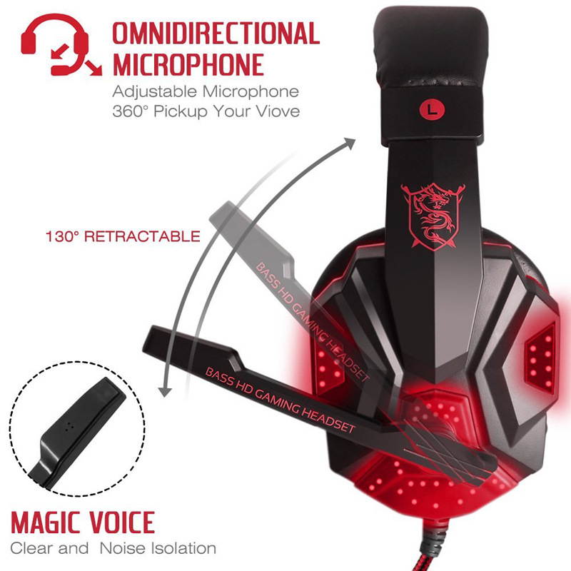 UKCOCO Gaming Headset with Mic and LED Light for Laptop Computer, Cellphone, PS4 and so on, DLAND 3.5mm Wired Noise Isolation Gaming Headphones - Volume Control - Red