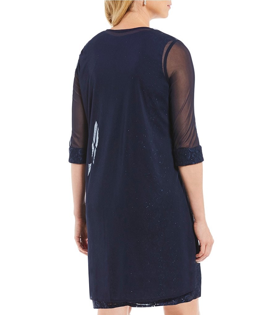 R & M Richards Petite Size Beaded Scoop Neck 3/4 Sleeve Lace 2-Piece Glitter Jacket Dress