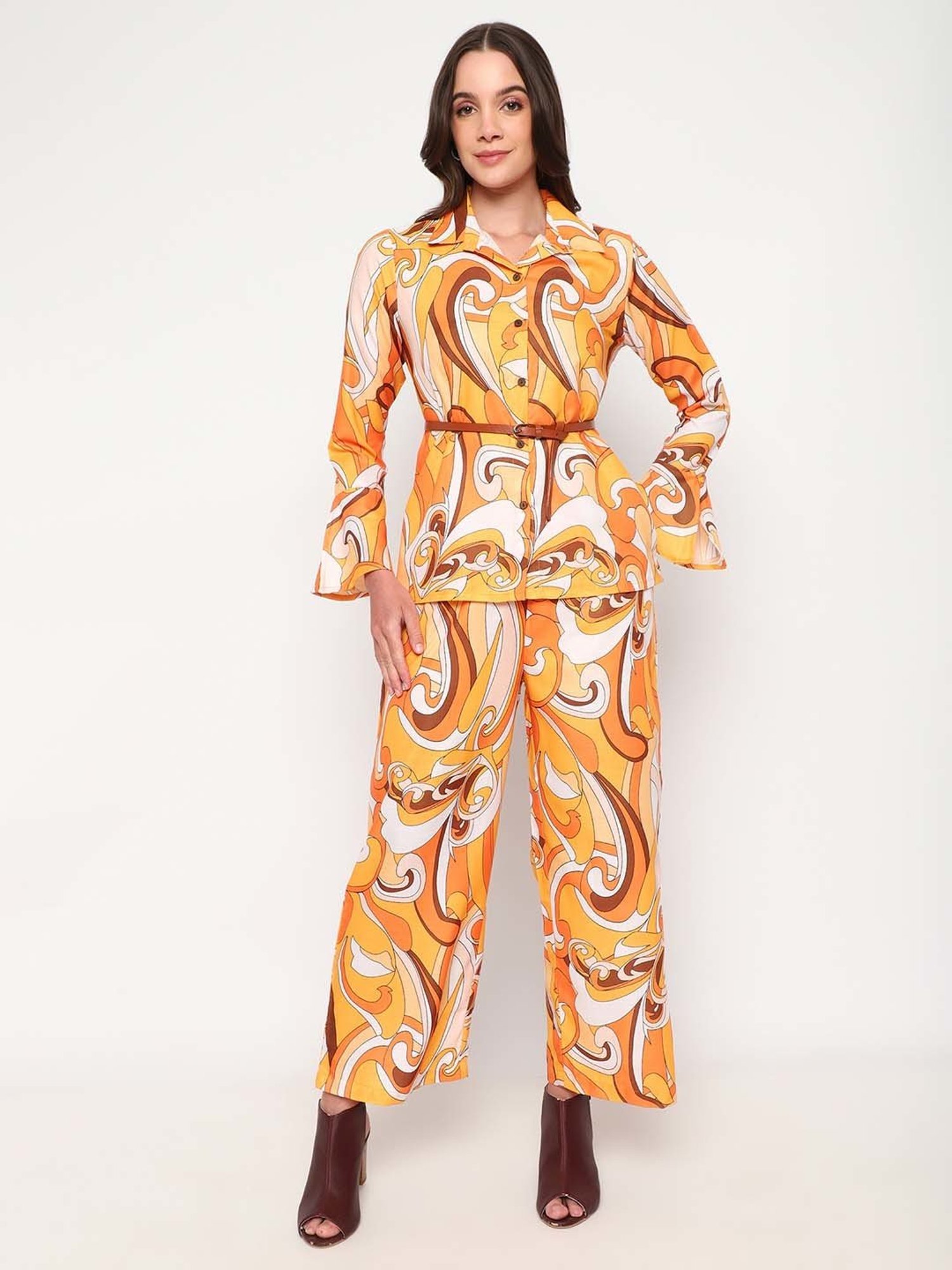 Sringam Yellow Cotton Printed Shirt Pant Set