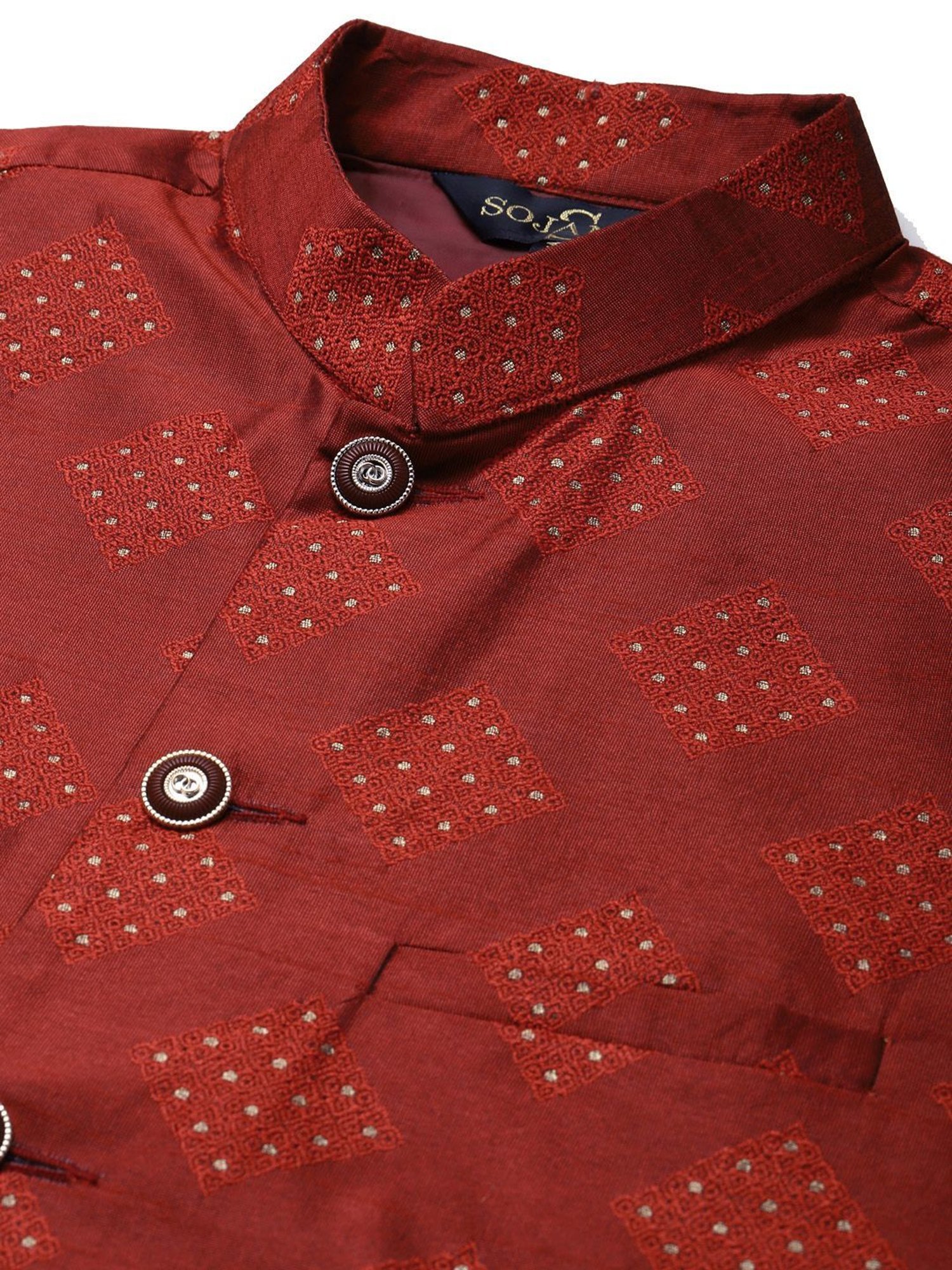 Sojanya Maroon Regular Fit Self Pattern Nehru Jacket