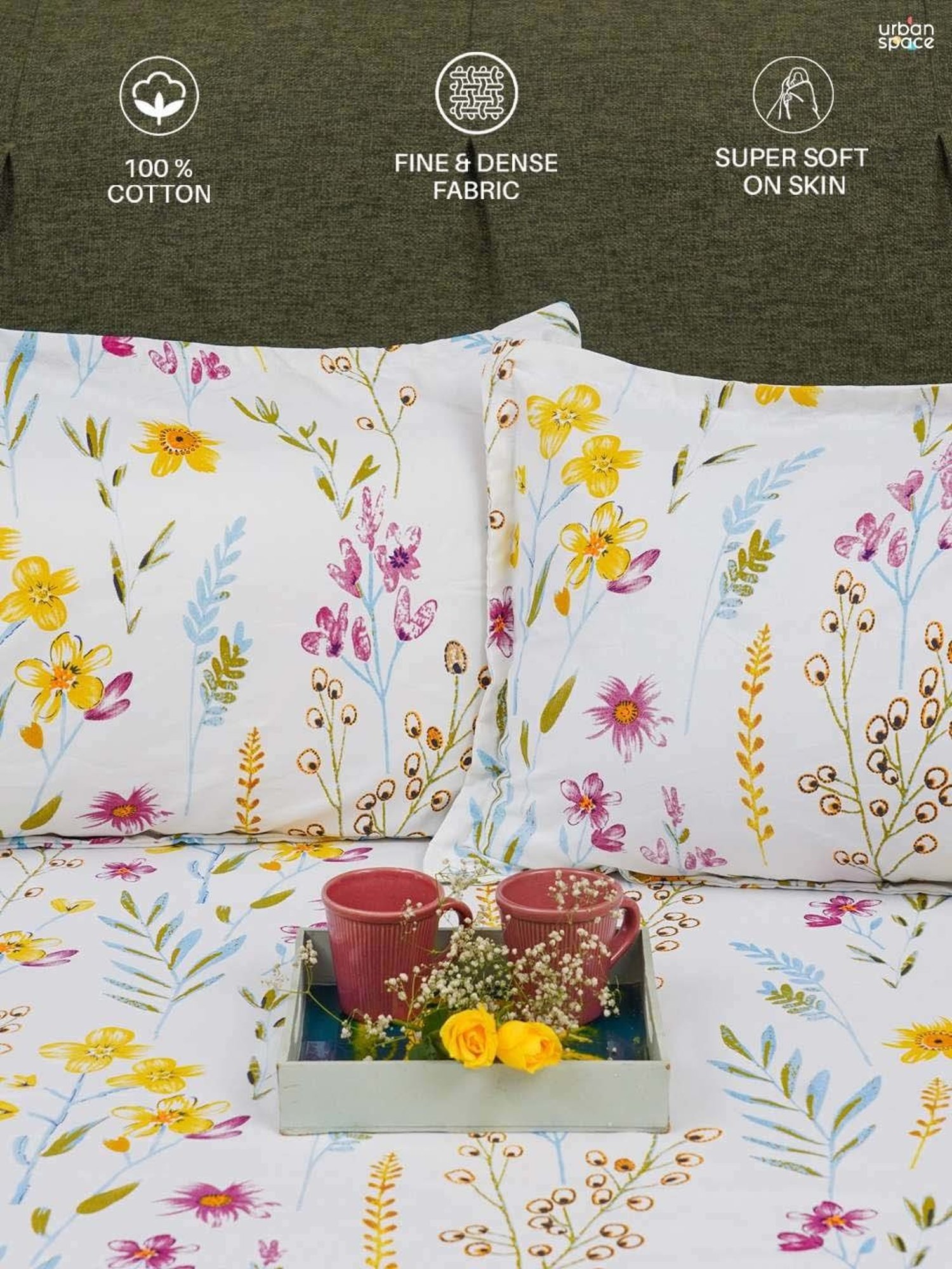 Urban Space Serene Yellow Cotton 200 TC Queen Size Bedsheet With Pillow Covers