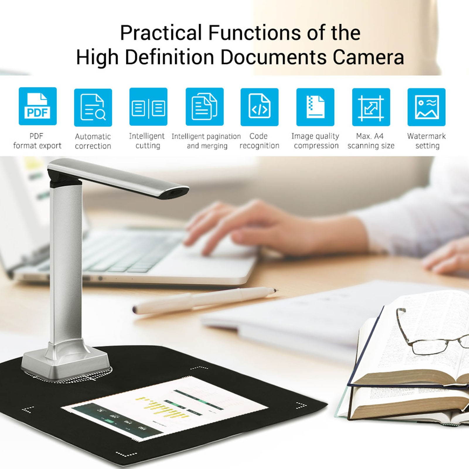 Aibecy BK30 Document Camera 5 Mega-pixel High Definition Portable Scanner Capture Size A4 Scanners for File Card Passport Recognition Support 7 Languages German/ Russian/ French/ Japanese/ Spanish/
