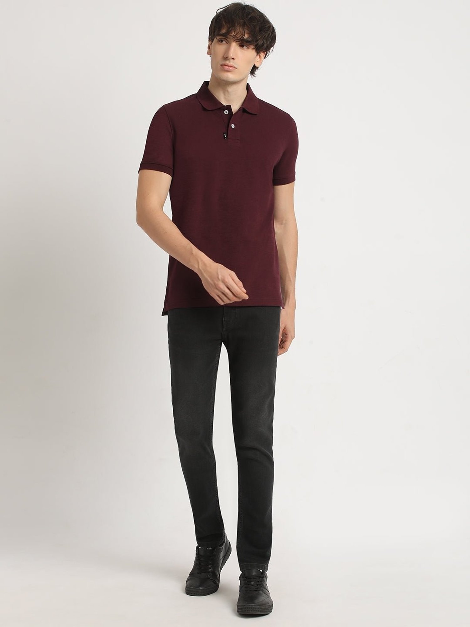 The Bear House Maroon Cotton Regular Fit Self Pattern Polo T-Shirt
